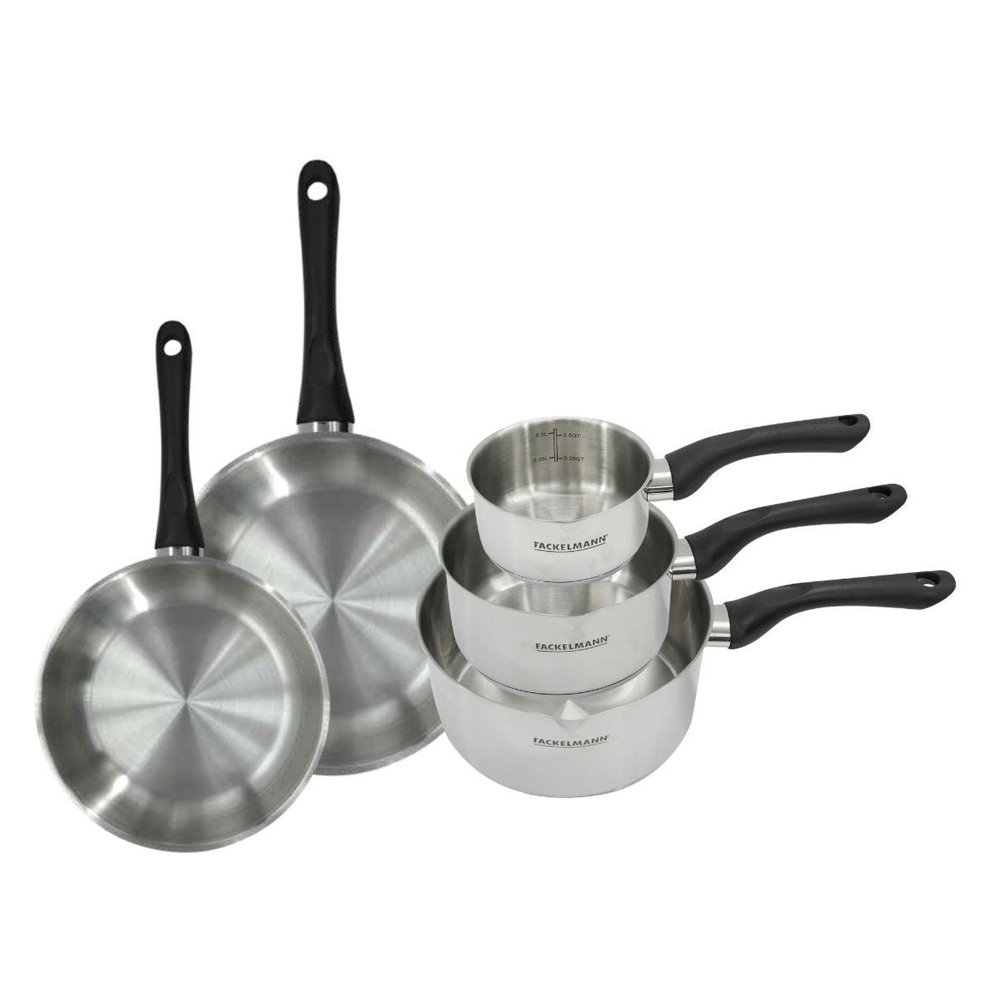 Fackelmann Set 2 poêles 20 et 24 cm et 3 casseroles 12 16 et 20 cm en inox fackelmann geneva