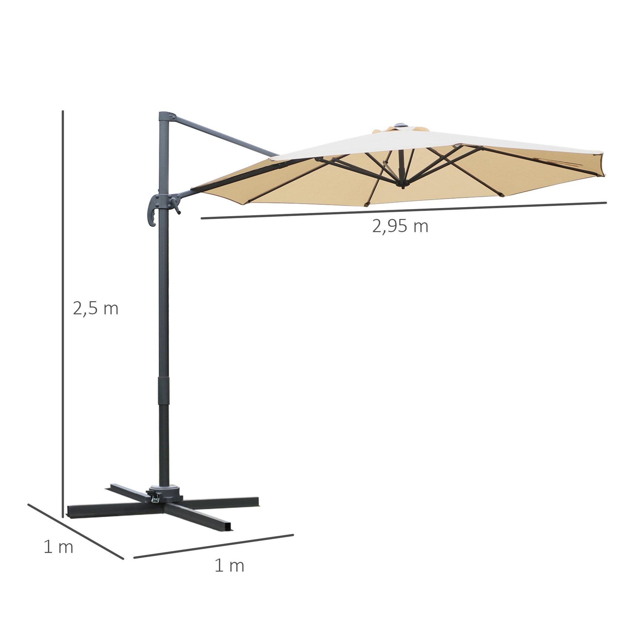 Voir la diapositive 3 : OUTSUNNY Parasol déporté octogonal inclinable rotatif 360° manivelle piètement acier mât alu. dim. Ø 2,95 x 2,5H m polyester haute densité beige