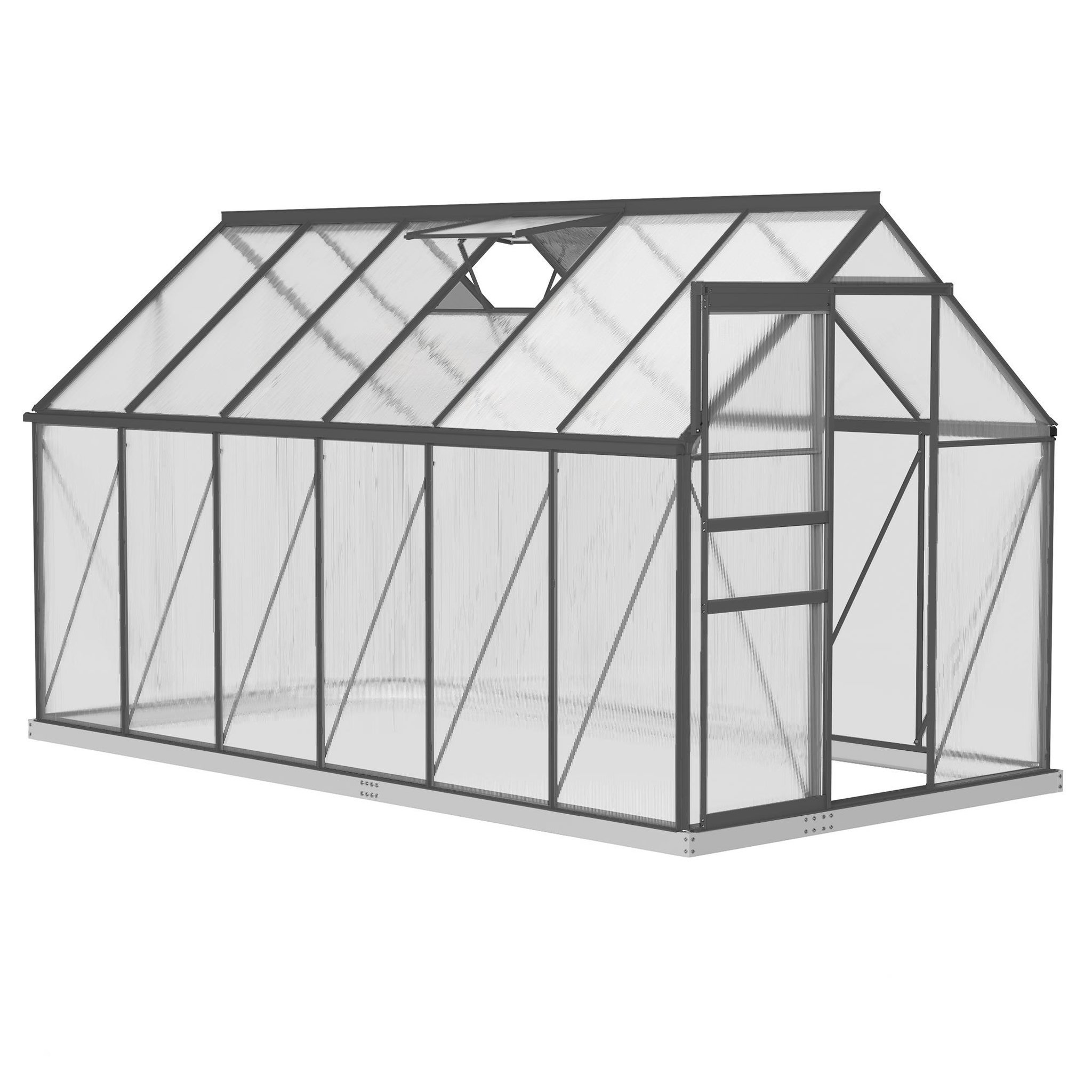 OUTSUNNY Serre de jardin polycarbonate alu 7 m² dim. 3,75L x 1,9l x 1,99H m lucarne réglable fondation porte coulissante gris