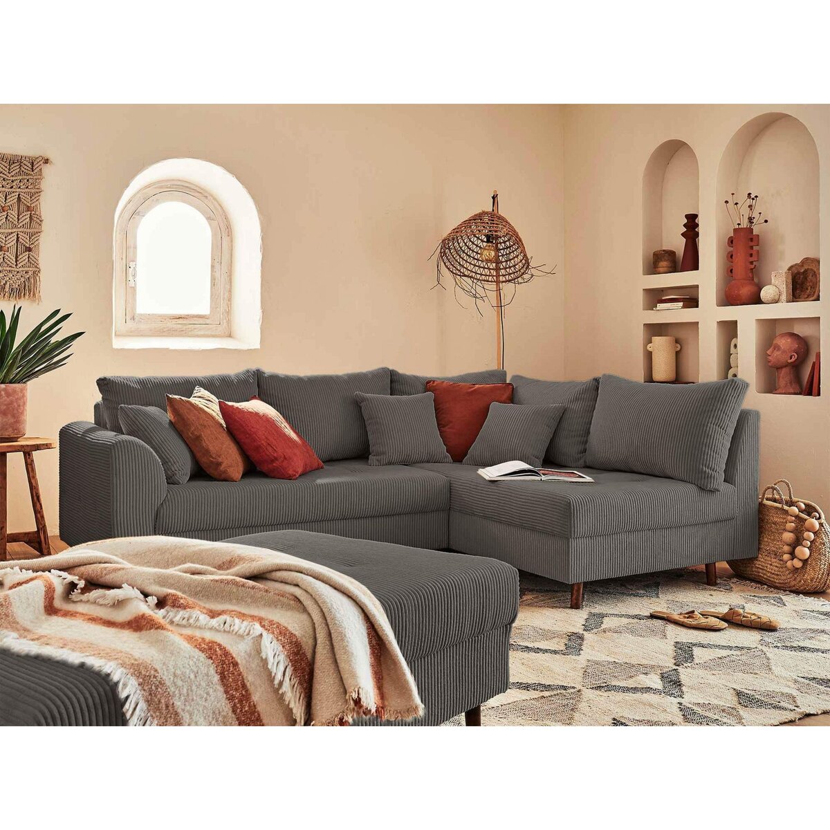 LISA DESIGN Rune - canapé d'angle droit - 4 places - avec pouf d'appoint - en velours côtelé