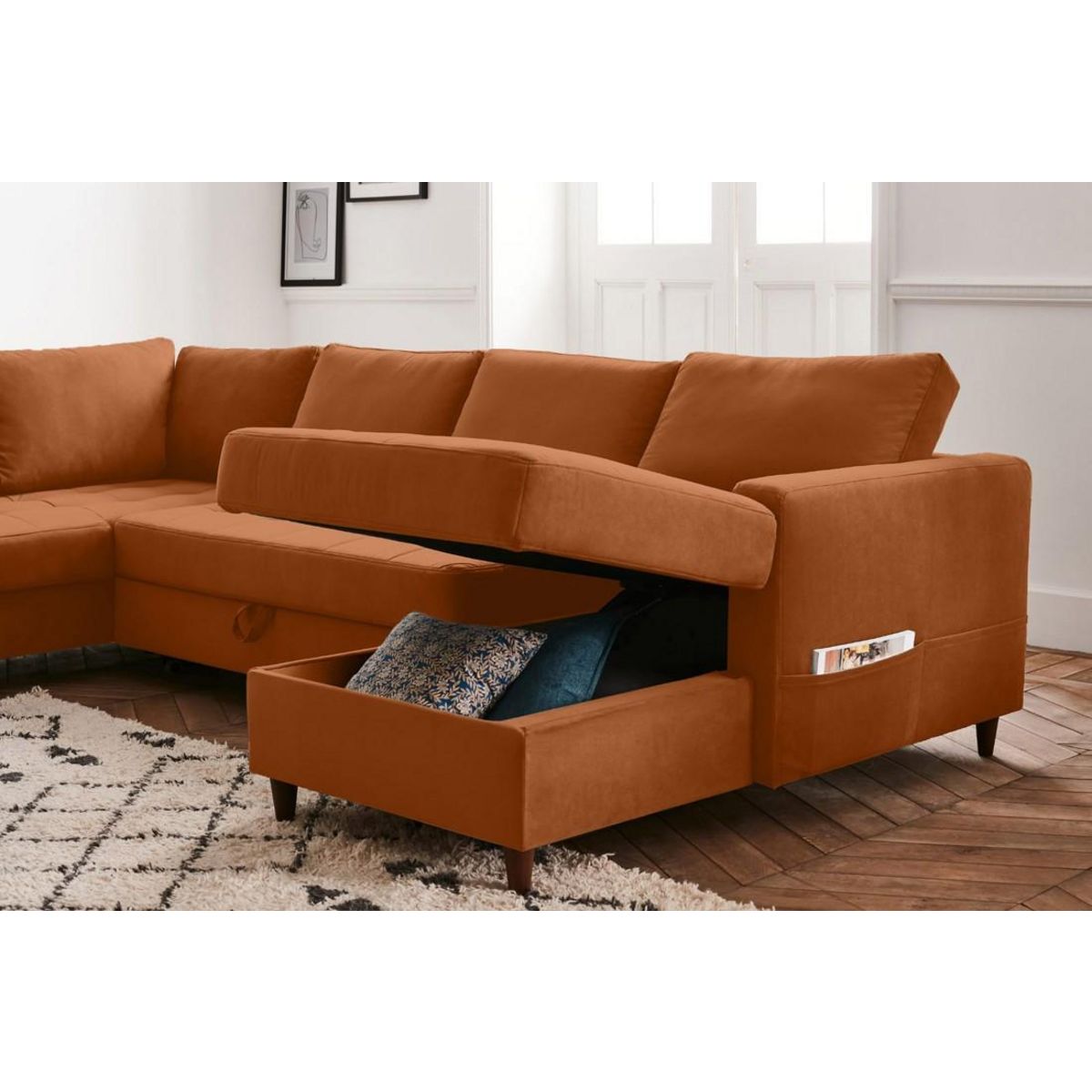 LISA DESIGN Anna - canapé panoramique d'angle gauche - 7 places - convertible avec coffre - en velours