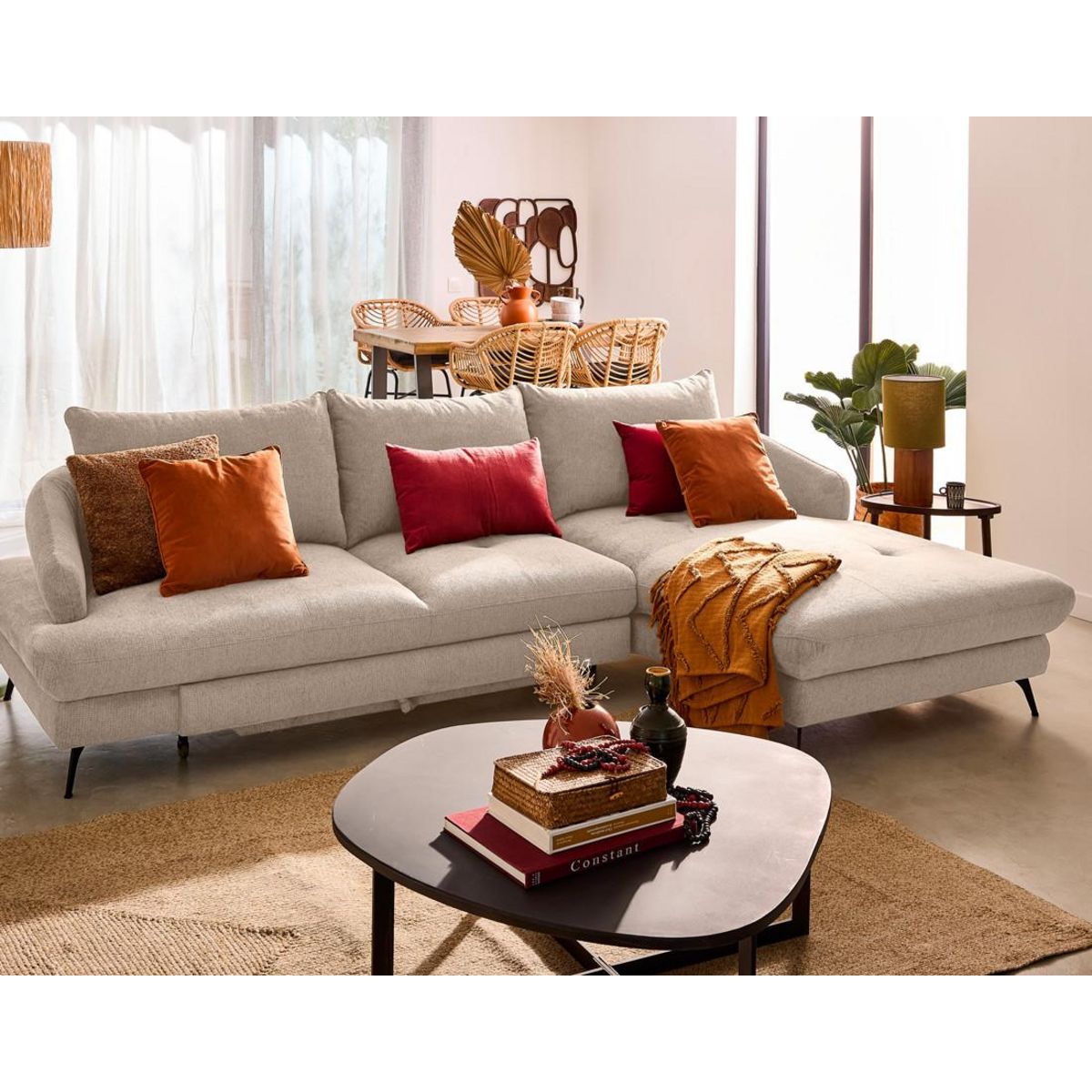 LISA DESIGN Ninon - canapé d'angle droit 4 places convertible avec coffre en tissu texturé