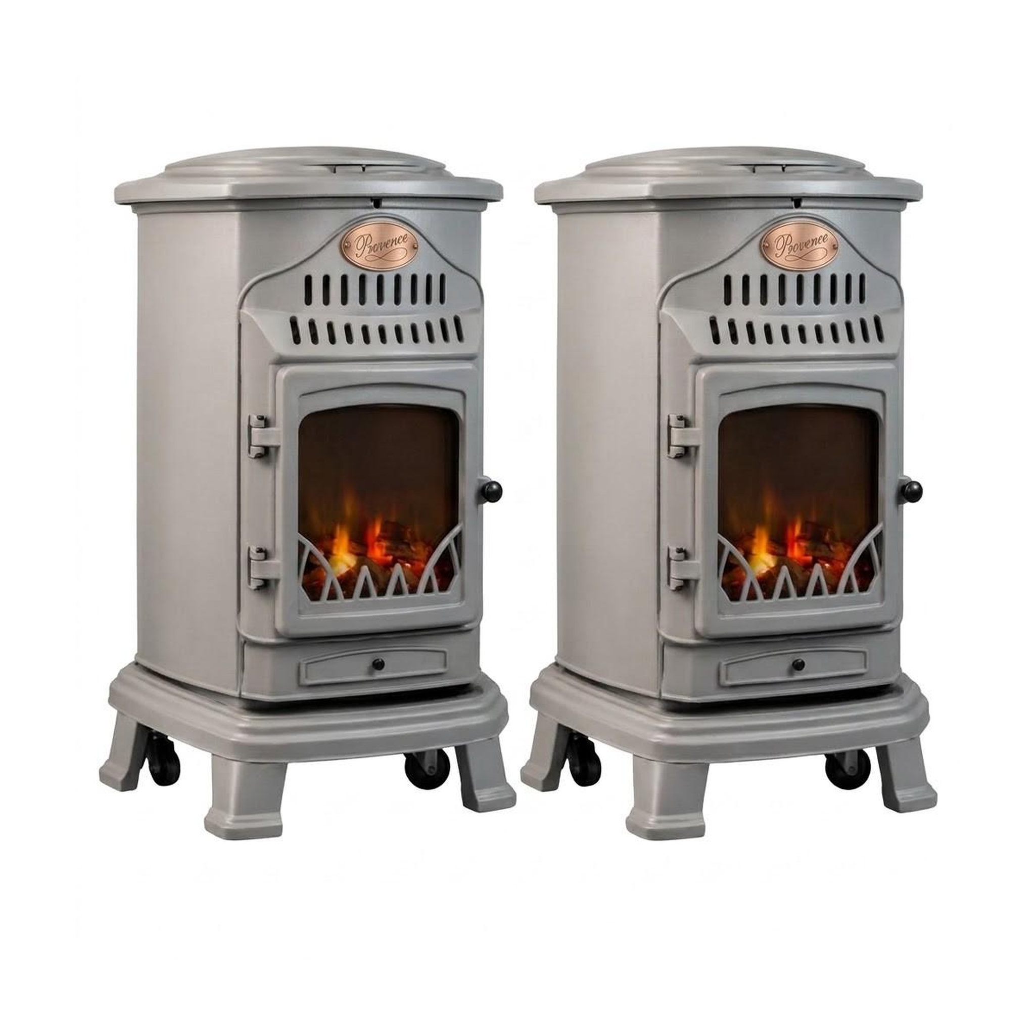 SAHARA Pack de 2 poêles à gaz Provence gris 3,4 kW en Fonte Effet feu de bois Chauffage d'appoint sur roulettes Sahara