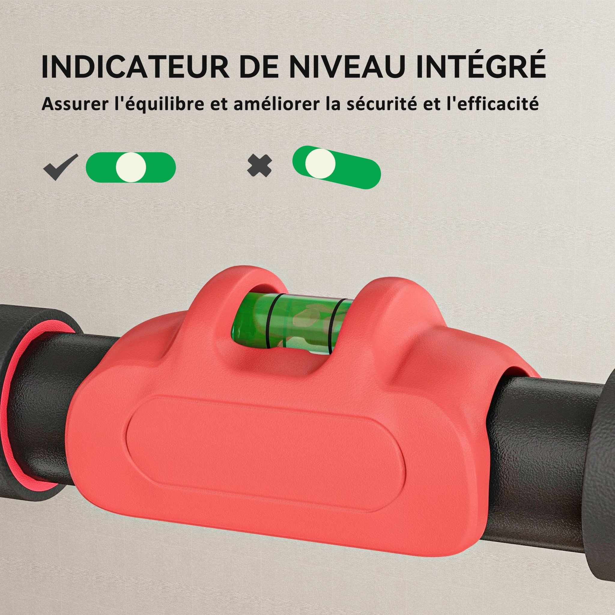 Voir la diapositive 5 : HOMCOM Barre de traction réglable de 79 à 98 cm, barre de porte niveau intégré, structure triangulaire robuste, support à 6 points, poignées antidérapantes, jusqu'à 225 kg, noir