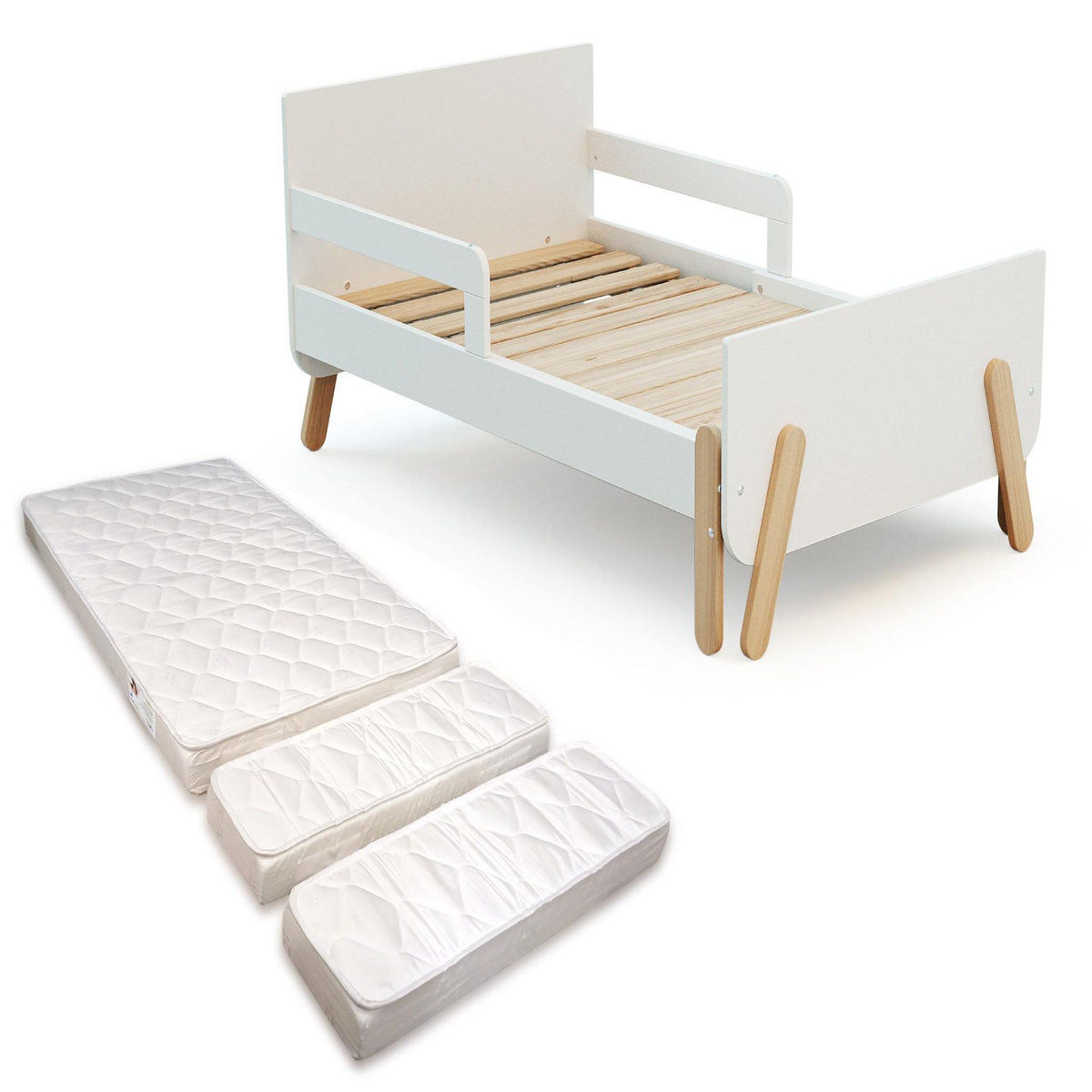 WEBABY Lit enfant extensible en bois 80x140-165-190 PIRATE avec matelas - Blanc