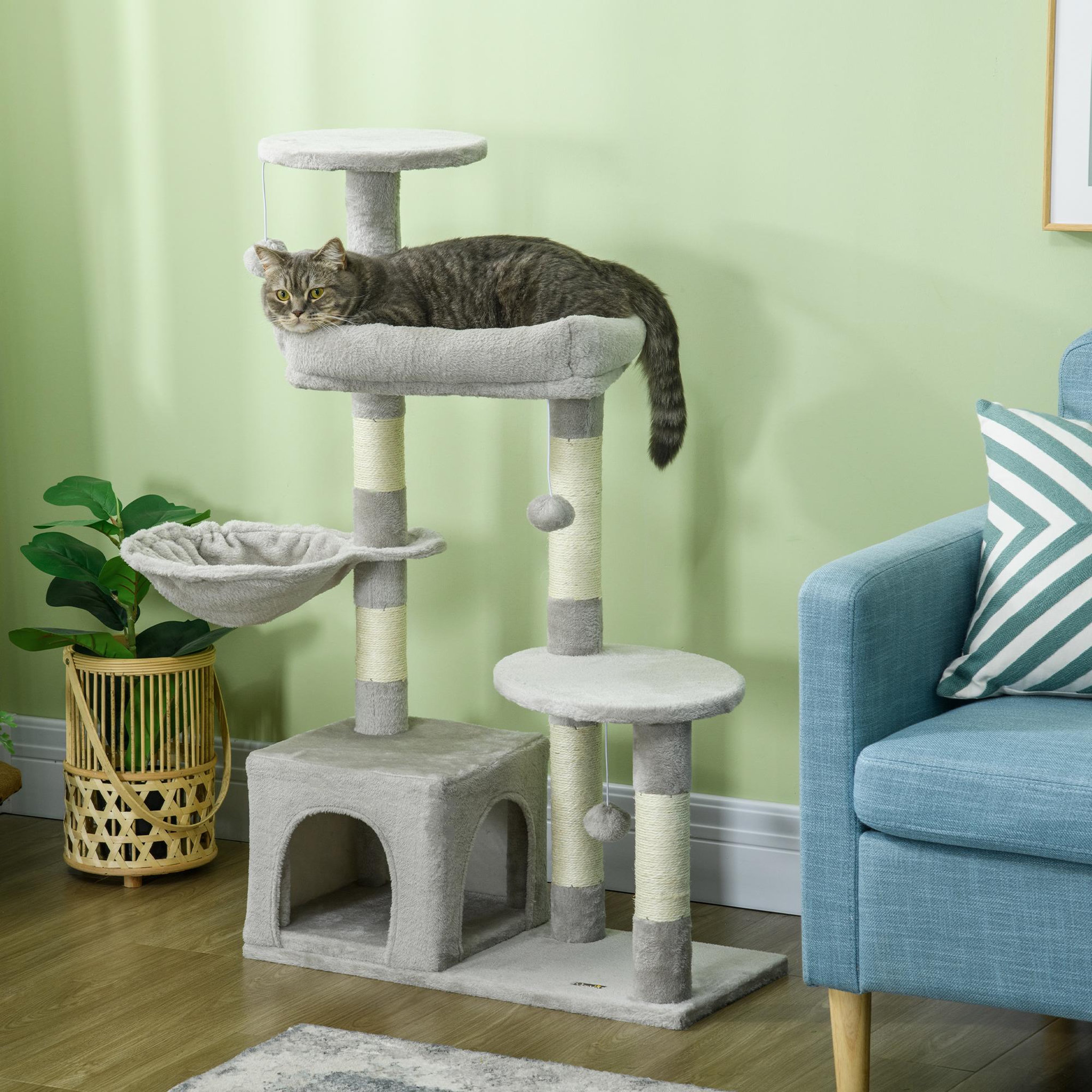 Voir la diapositive 2 : PAWHUT Arbre à chat griffoirs sisal naturel niche plateformes panier hamac jeux boules suspendues peluche gris