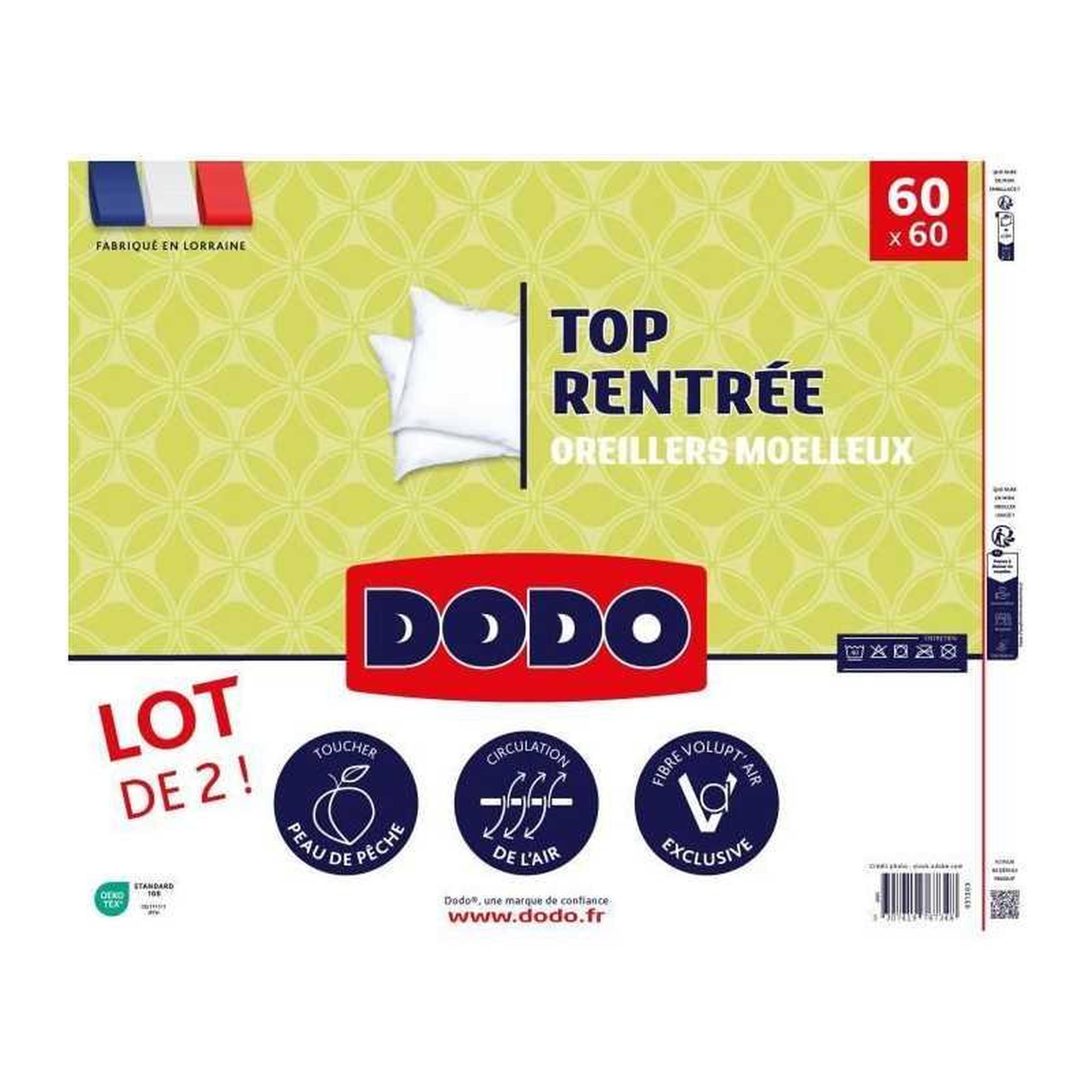 Voir la diapositive 2 : DODO DODO Lot de 2 Oreillers - Top Rentrée - Oreillers moelleux - 60 x 60 cm