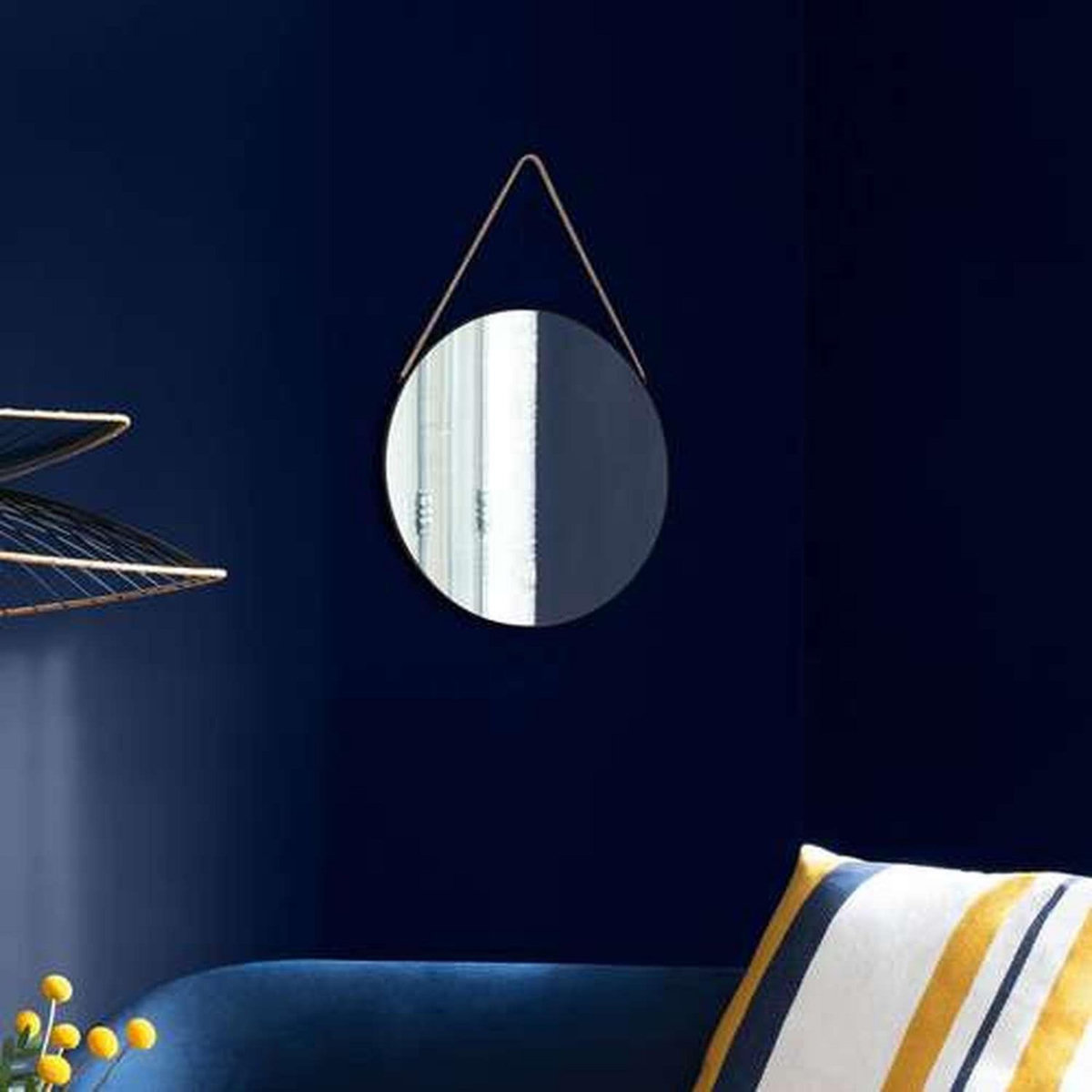 TOILINUX Miroir en métal suspendu avec corde - Diamètre 55 cm - Noir