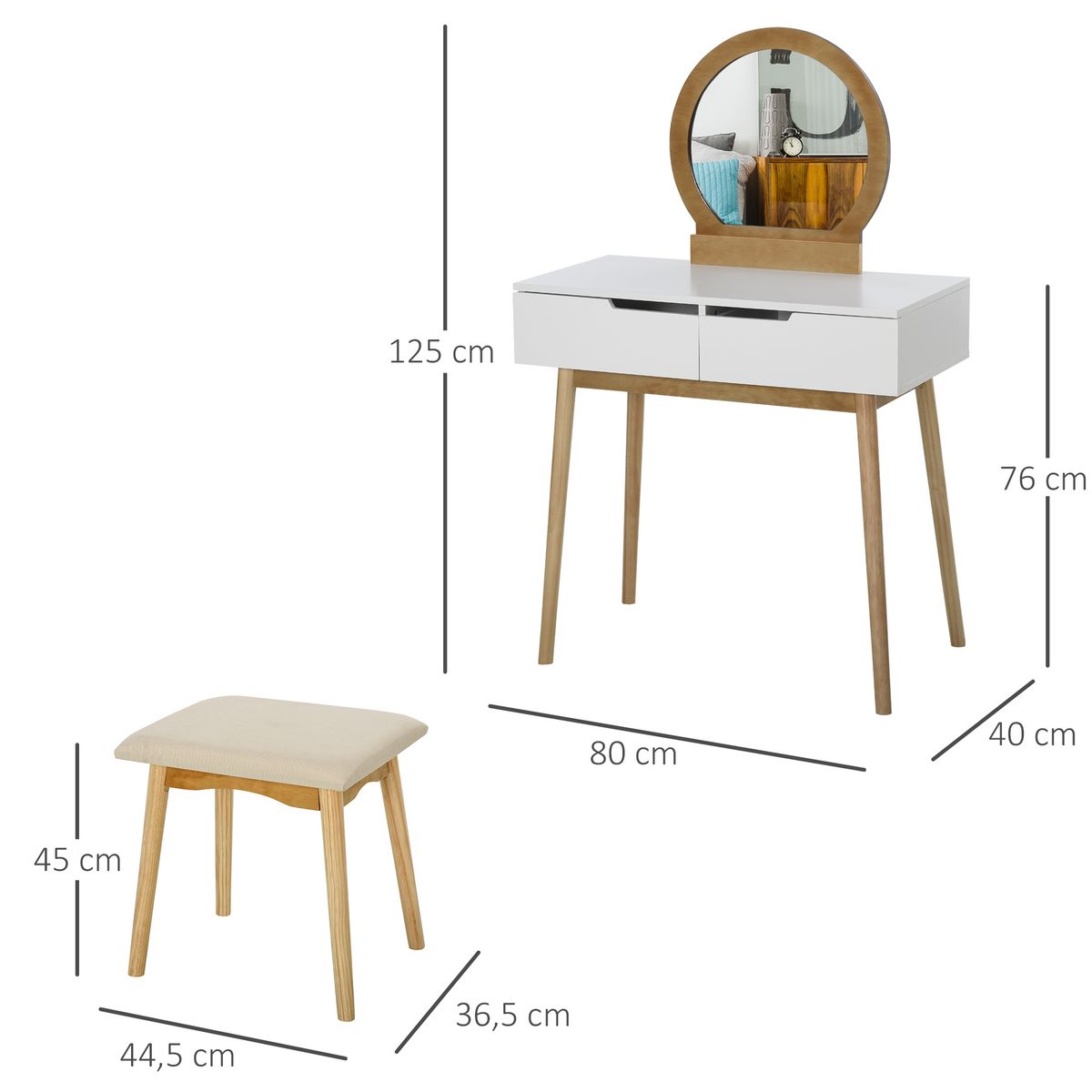 HOMCOM Coiffeuse design scandinave table de maquillage avec miroir, 2 tiroirs et tabouret blanc pin clair