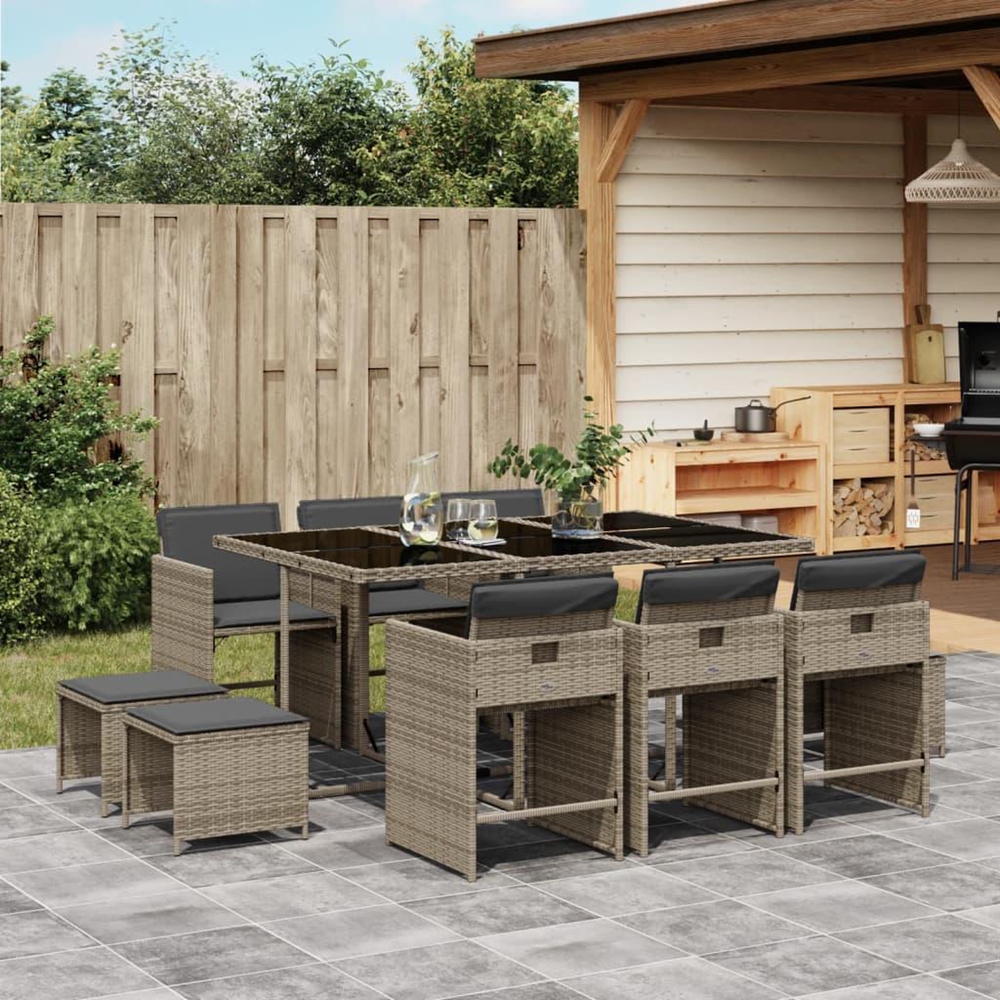 VIDAXL Ensemble a manger de jardin 11pcs avec coussins gris poly rotin