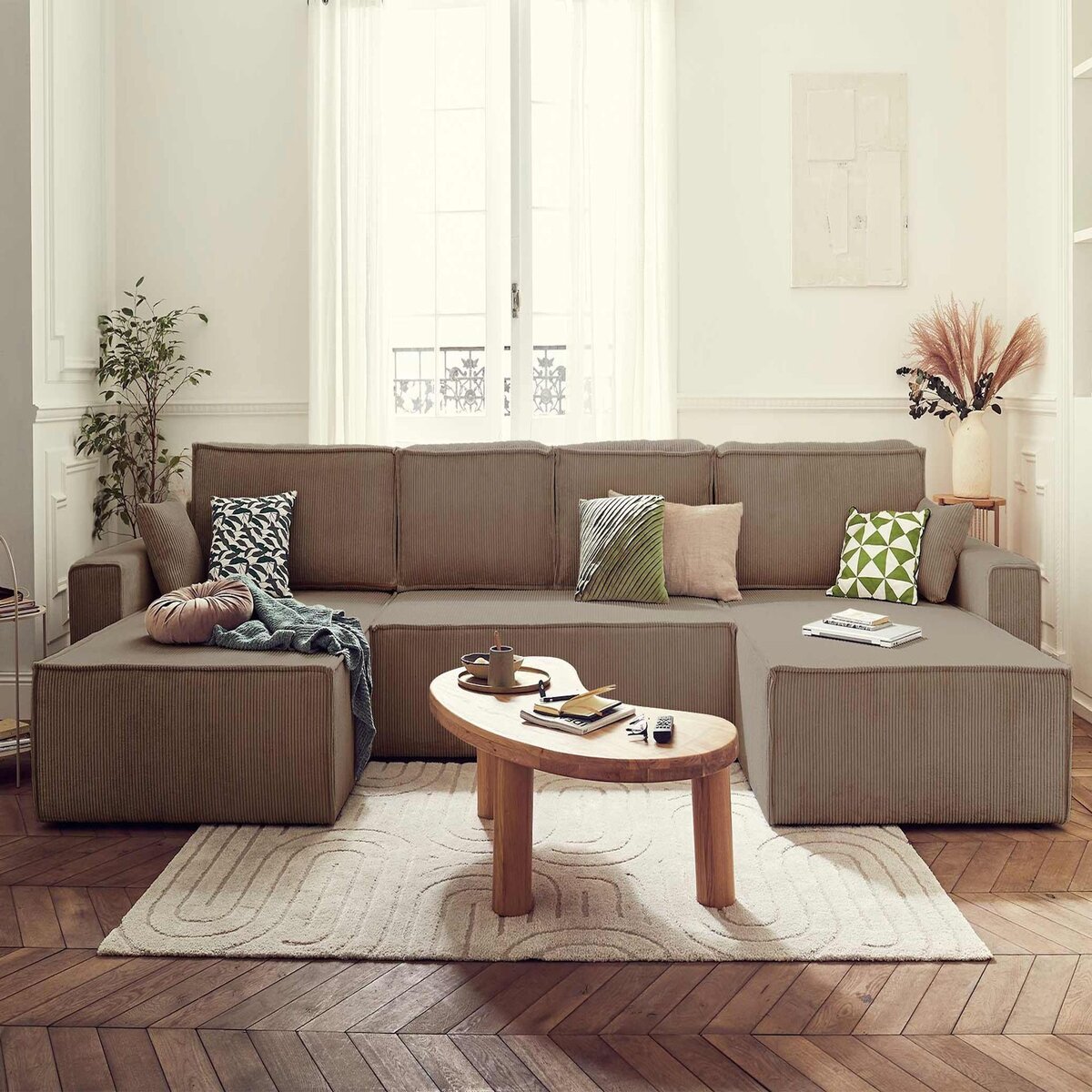 BEST MOBILIER Dellia - canapé panoramique en u - 7 places - convertible - avec coffre - en velours côtelé