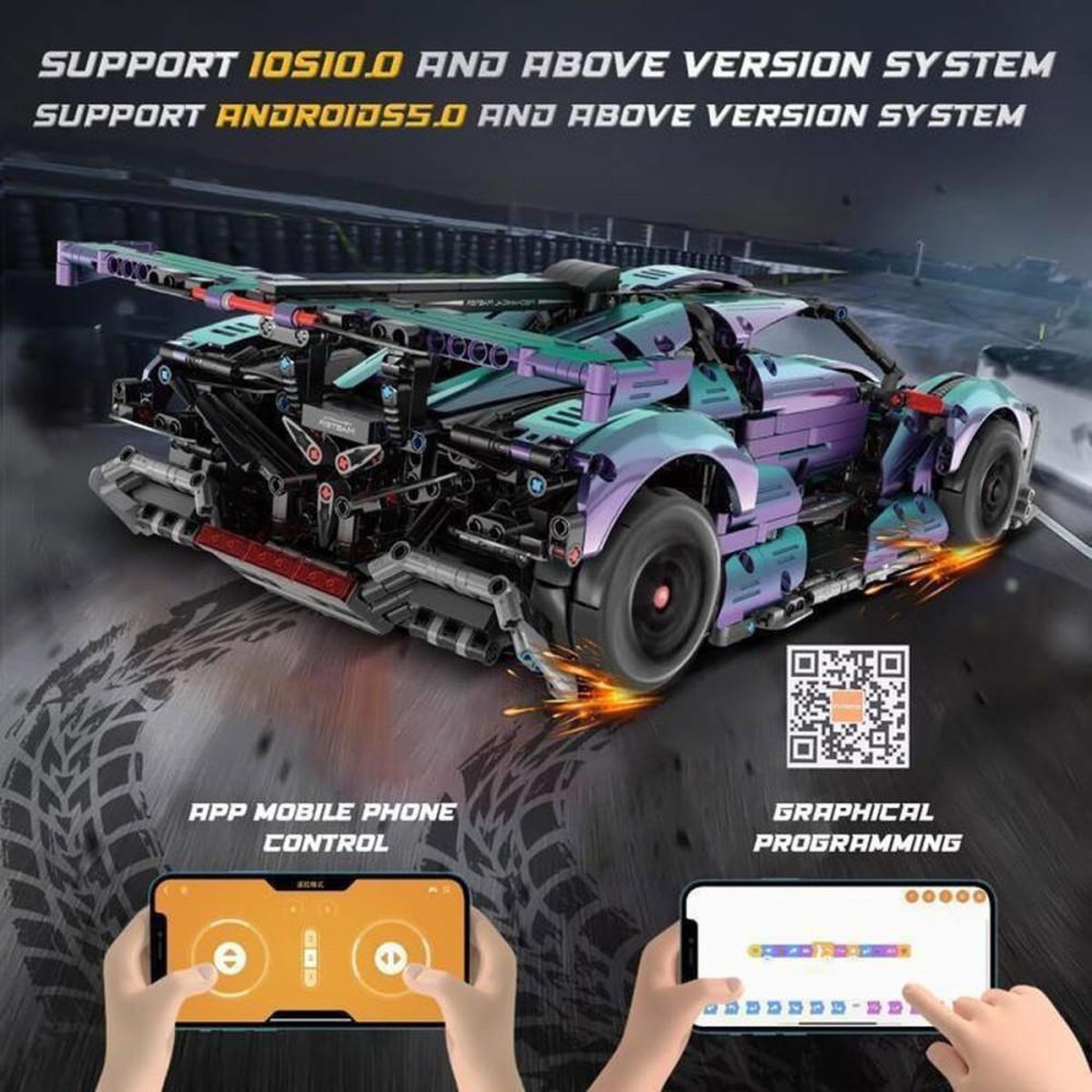 Voir la diapositive 3 : Voiture de course Drift Racing RC Technic 1:10, 2 443 pièces ABS, télécommande 2,4 GHz et application mobile, pneus quatre-roues motrices, suspensions arrière, effet de couleur
