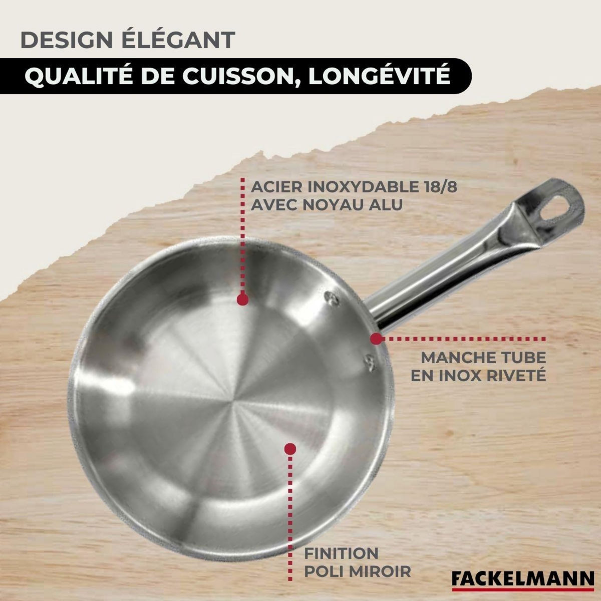 Fackelmann Set 1 poêle 24 cm en inox et couvercle, 3 faitouts inox 16, 20 et 24 cm et 6 ustensiles inox Fackelmann Eterna