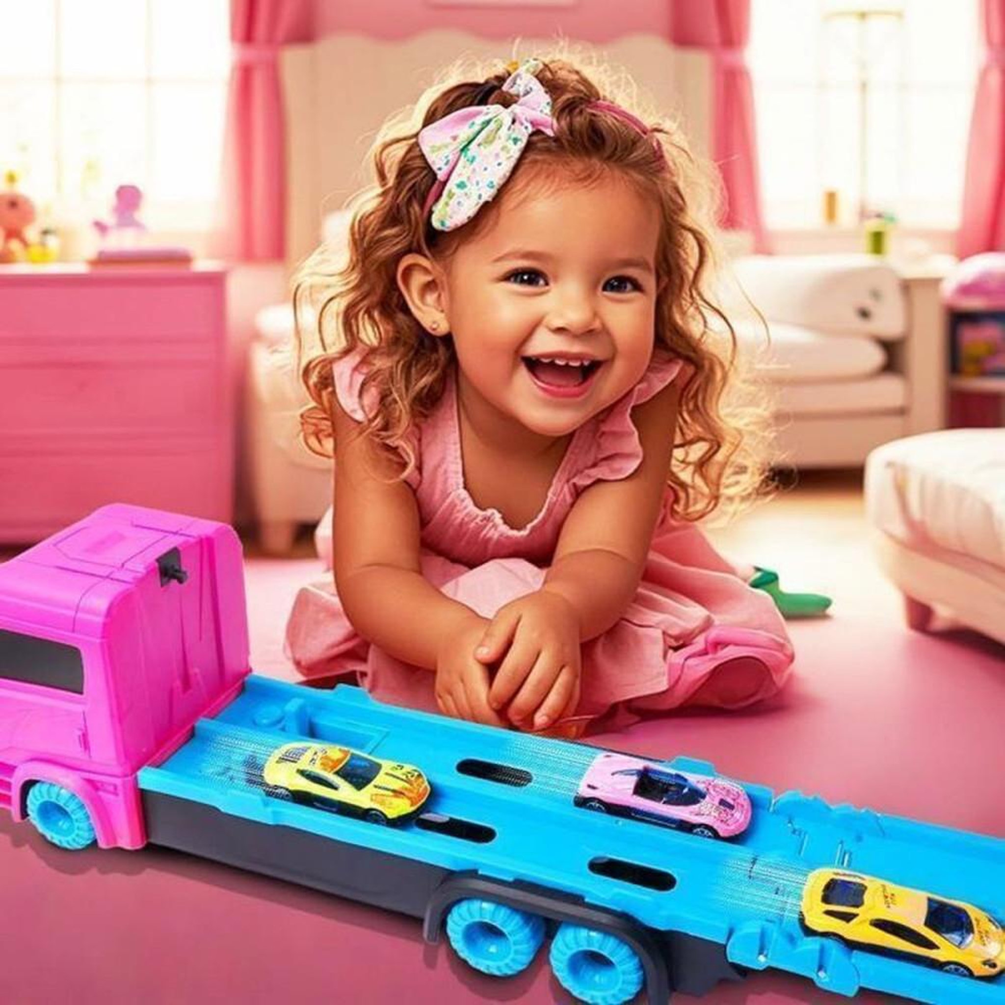 Voir la diapositive 4 : Camion transporteur de voitures enfant avec piste et 6 mini voitures, jeu sans piles à retour automatique, couleurs rose et bleu, poignée de transport, dès 3 ans