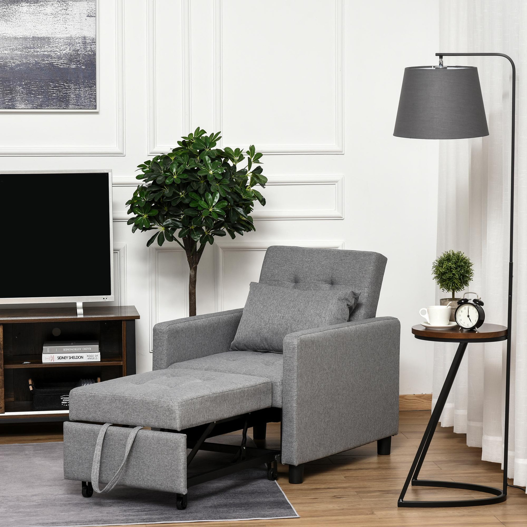 Voir la diapositive 4 : HOMCOM Fauteuil chauffeuse canapé-lit convertible 1 place dossier inclinable 3 positions coussin inclus polyester coton gris