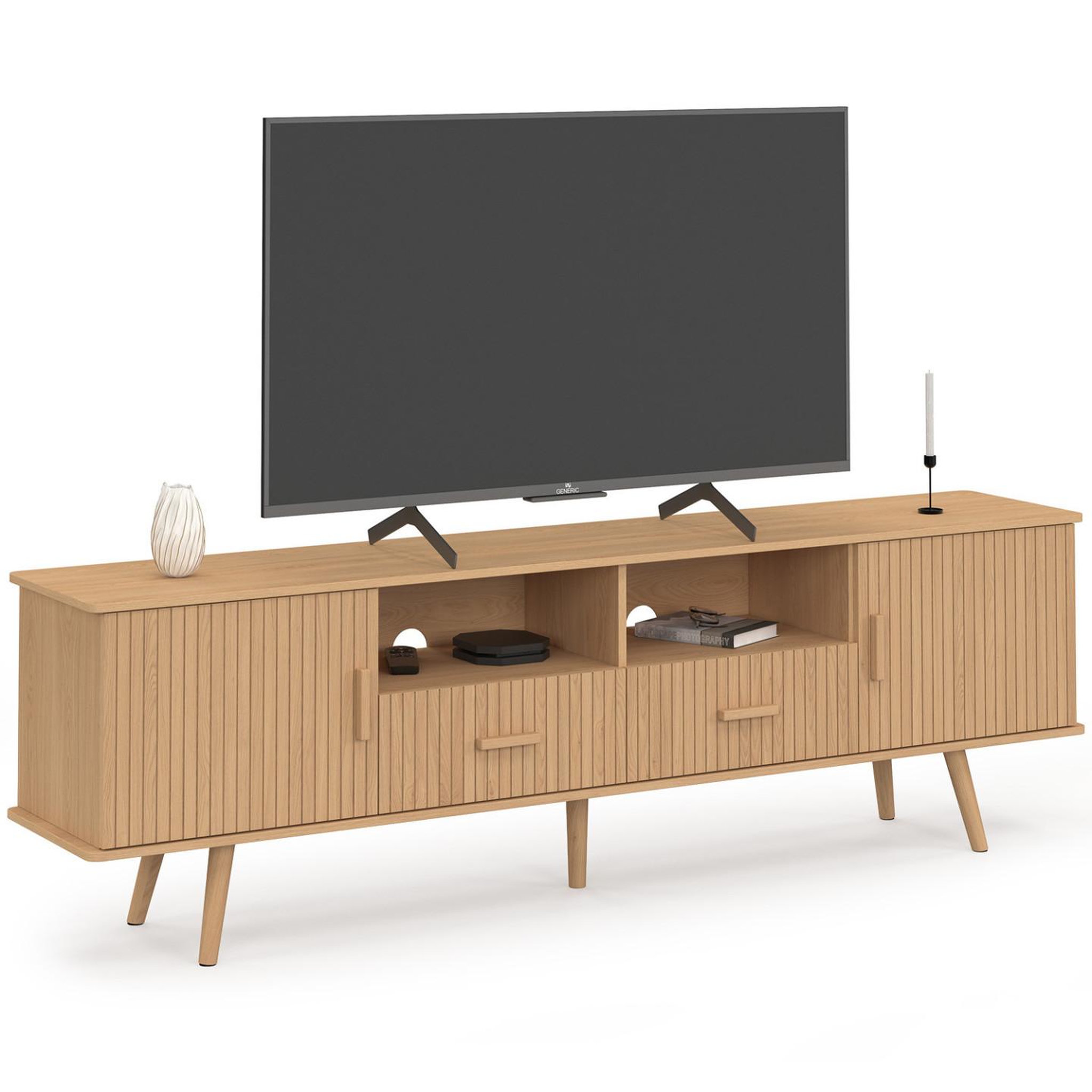 ID MARKET Meuble tv 180 cm juliette 2 portes et 2 tiroirs lattes tasseau bois coloris chêne