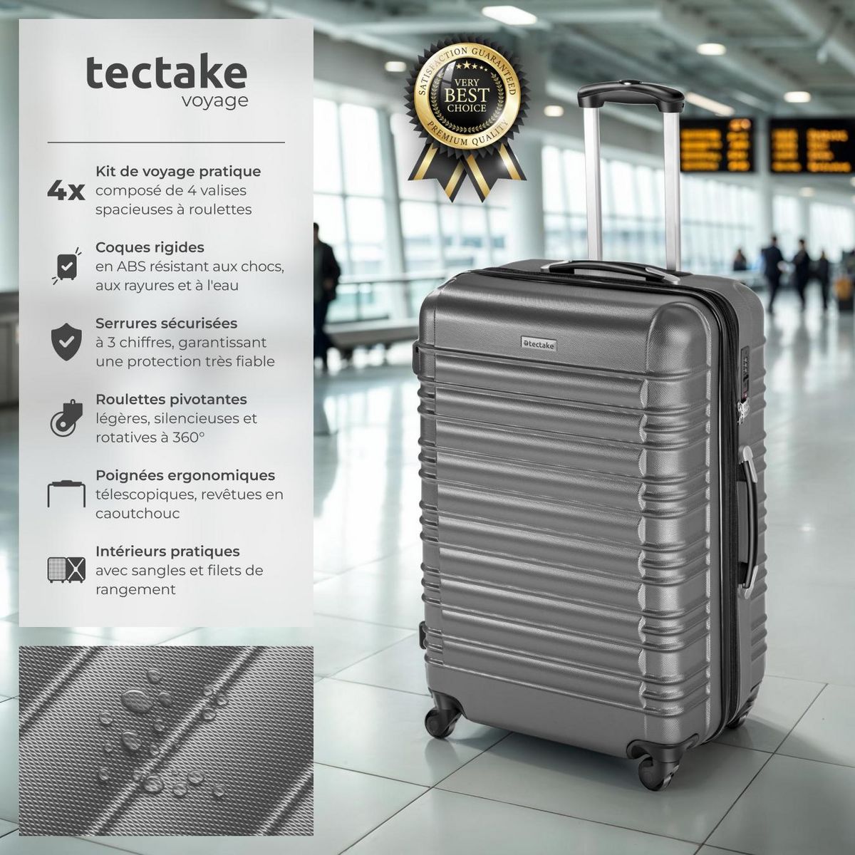 tectake Set de valises trolley rigides 4 parties, en plastique ABS robuste gris