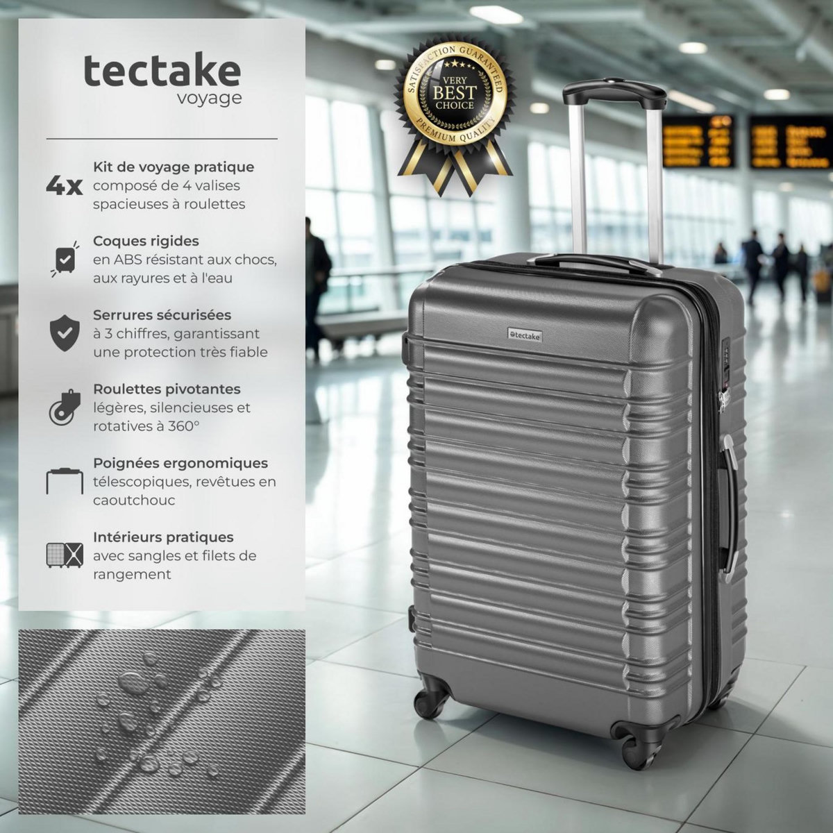 tectake Set de valises trolley rigides 4 parties, en plastique ABS robuste gris