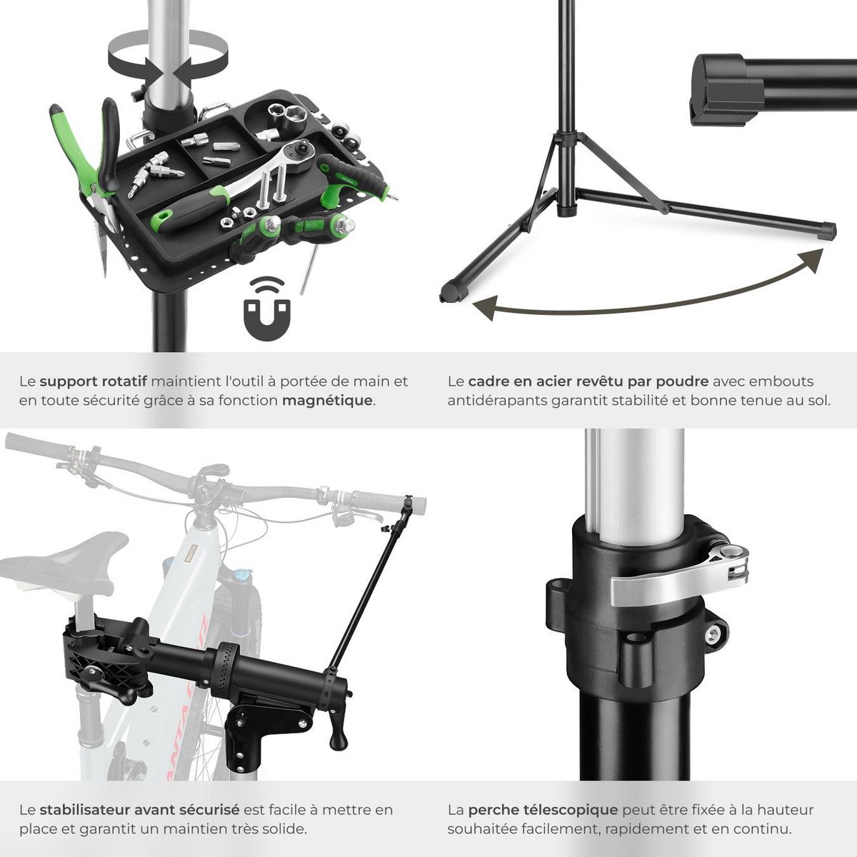 tectake Support de réparation pour vélo poids supporté 50 kg pliable avec fermetures rapides gris/noir