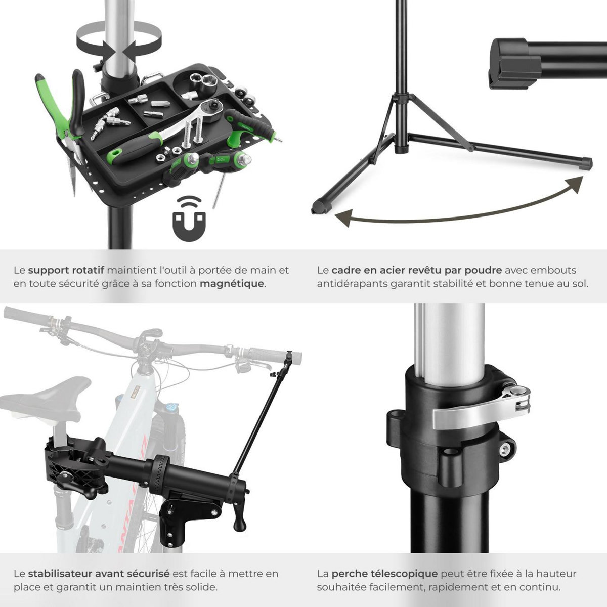 tectake Support de réparation pour vélo poids supporté 50 kg pliable avec fermetures rapides gris/noir
