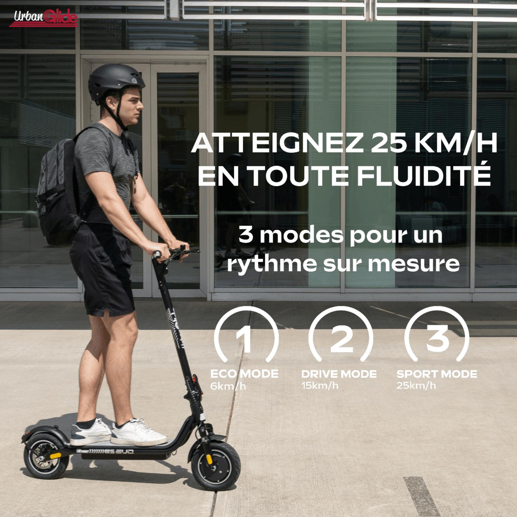 Voir la diapositive 3 : URBANGLIDE 85 evo – poids 15kg – pneu 8,5  gonflable – trottinette électrique urbanglide – autonomie jusqu'a 15 km – batterie 25.2v