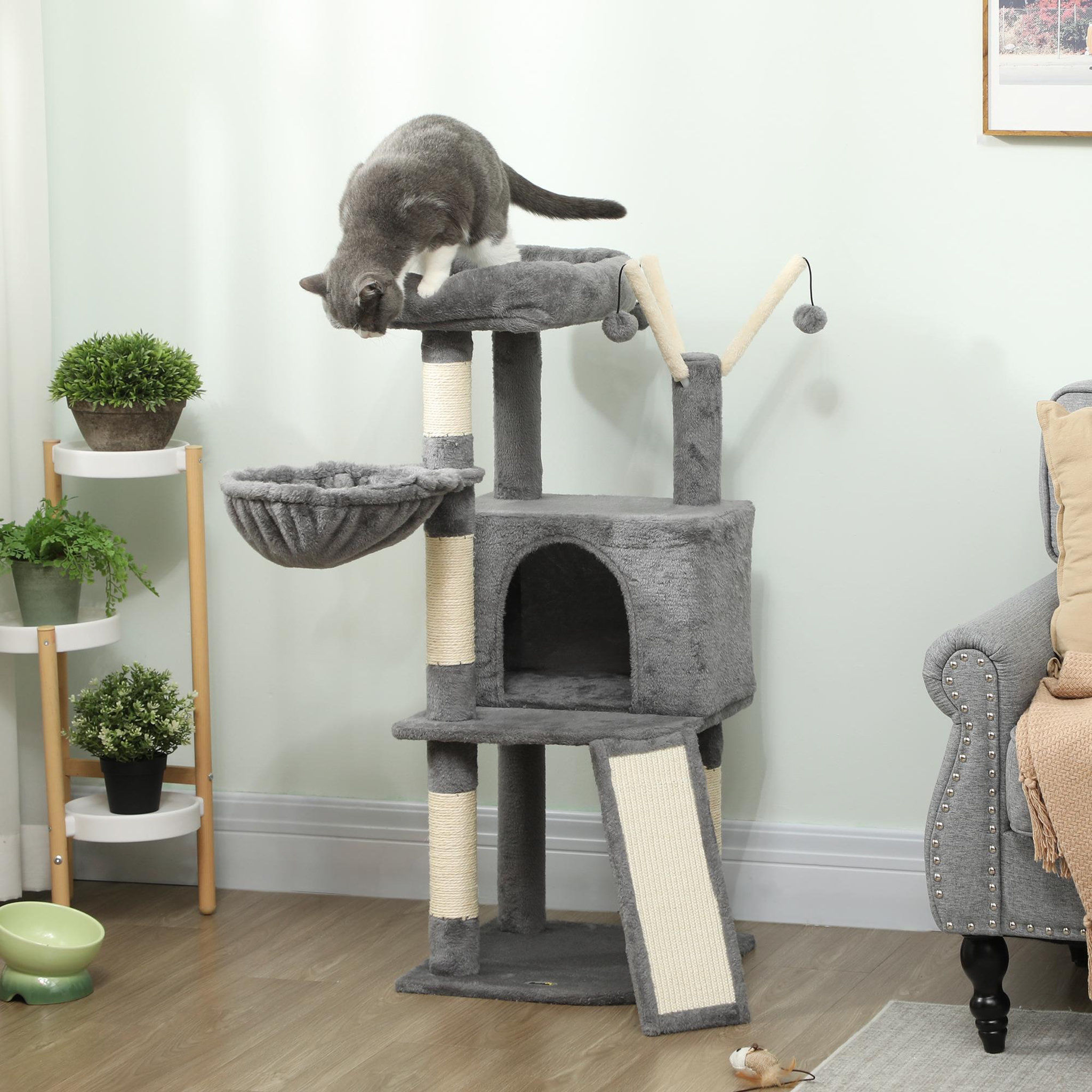 Voir la diapositive 2 : PAWHUT Arbre à chat multi-équipé niche hamac plateforme 3 boules griffoirs grattoir gris