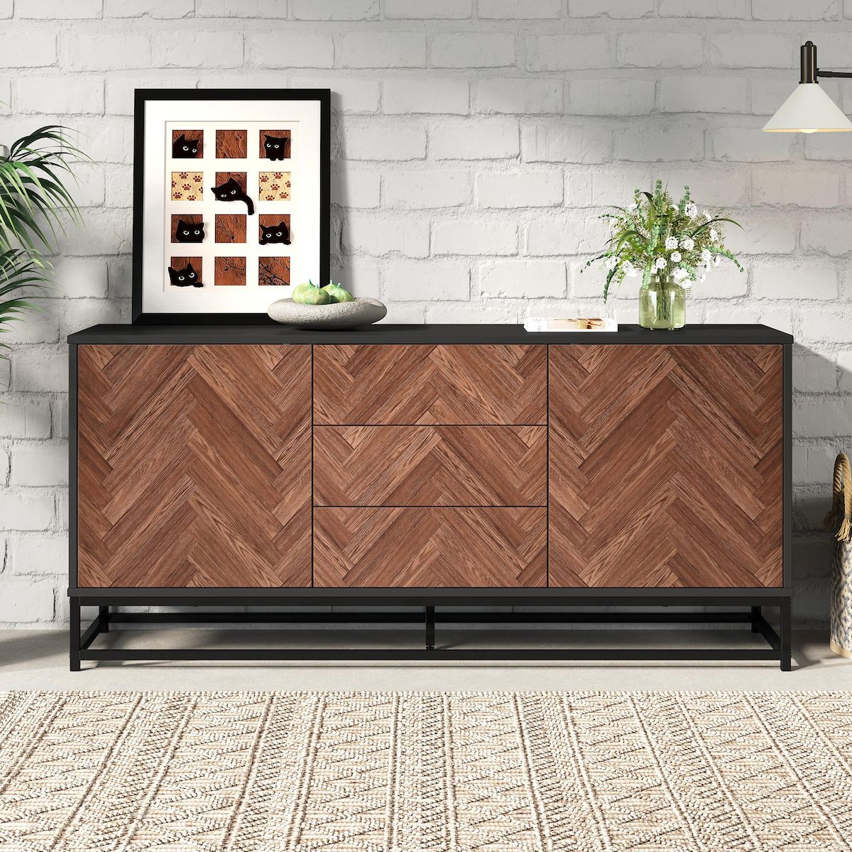 MERAX Buffet 2 porte(s) 3 tiroir(s) - 145 cm noir+naturel panneau de particules