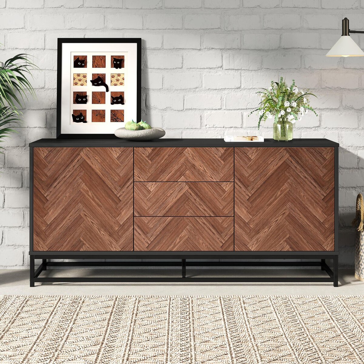 MERAX Buffet 2 porte(s) 3 tiroir(s) - 145 cm noir+naturel panneau de particules