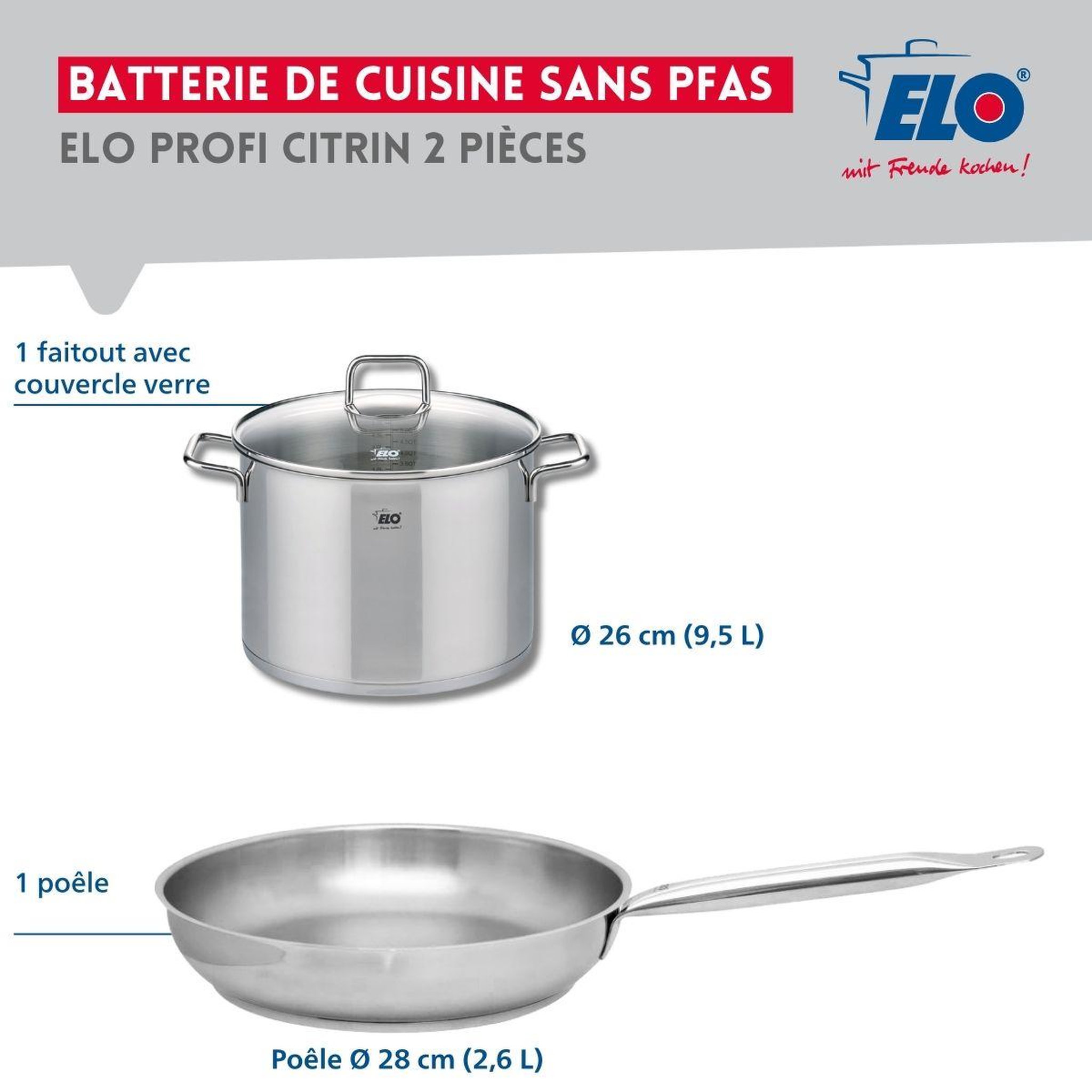 Voir la diapositive 2 : ELO Ensemble de 1 poêle de cuisson 28 cm et 1 faitout 26 cm elo profi citrin