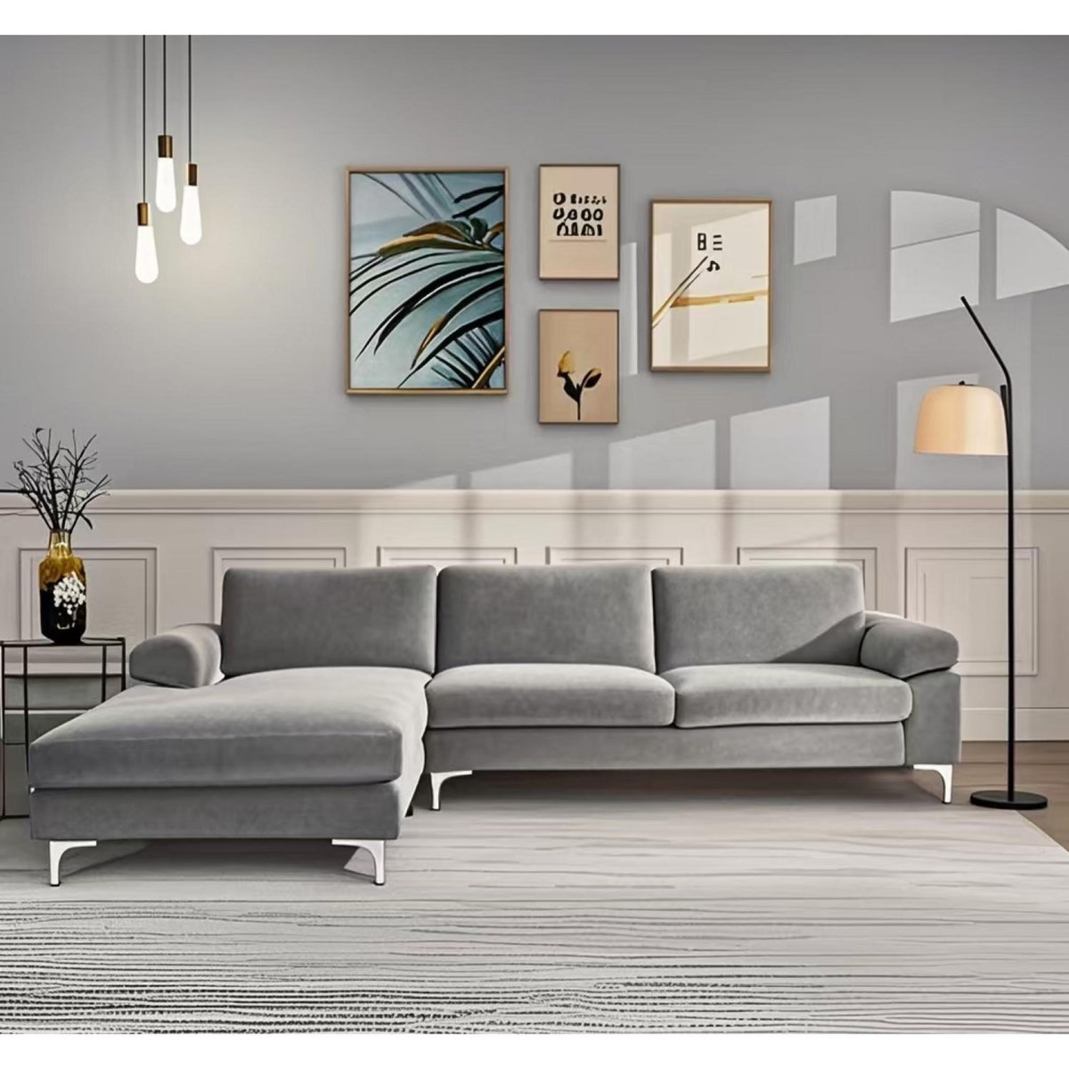 CONCEPT USINE Canapé d'angle gauche 4-5 places en velours gris GALWAY