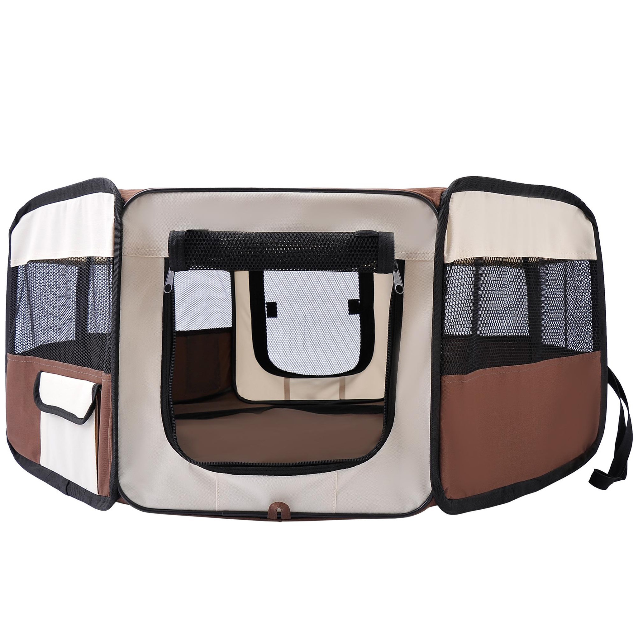 Voir la diapositive 3 : PAWHUT Parc enclos pliable chien chat Ø 90 x 41H cm - 2 portes, 2 poches, sac transport - acier Oxford marron beige