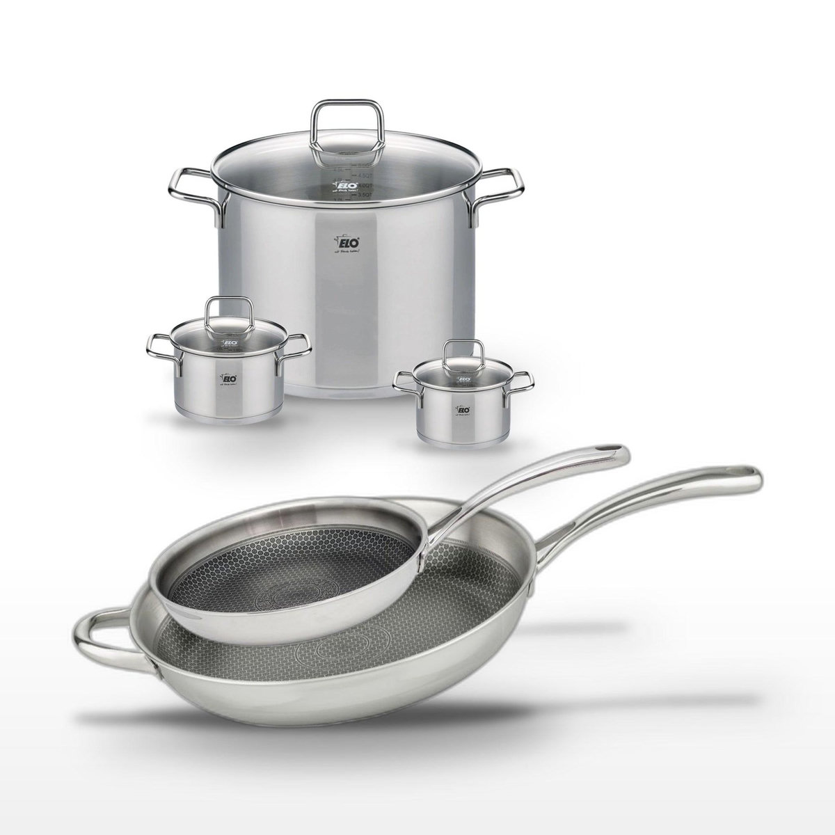 ELO Lot Poêles 28cm & 32cm en inox Elo Relief Evolution avec 3 Faitouts Elo