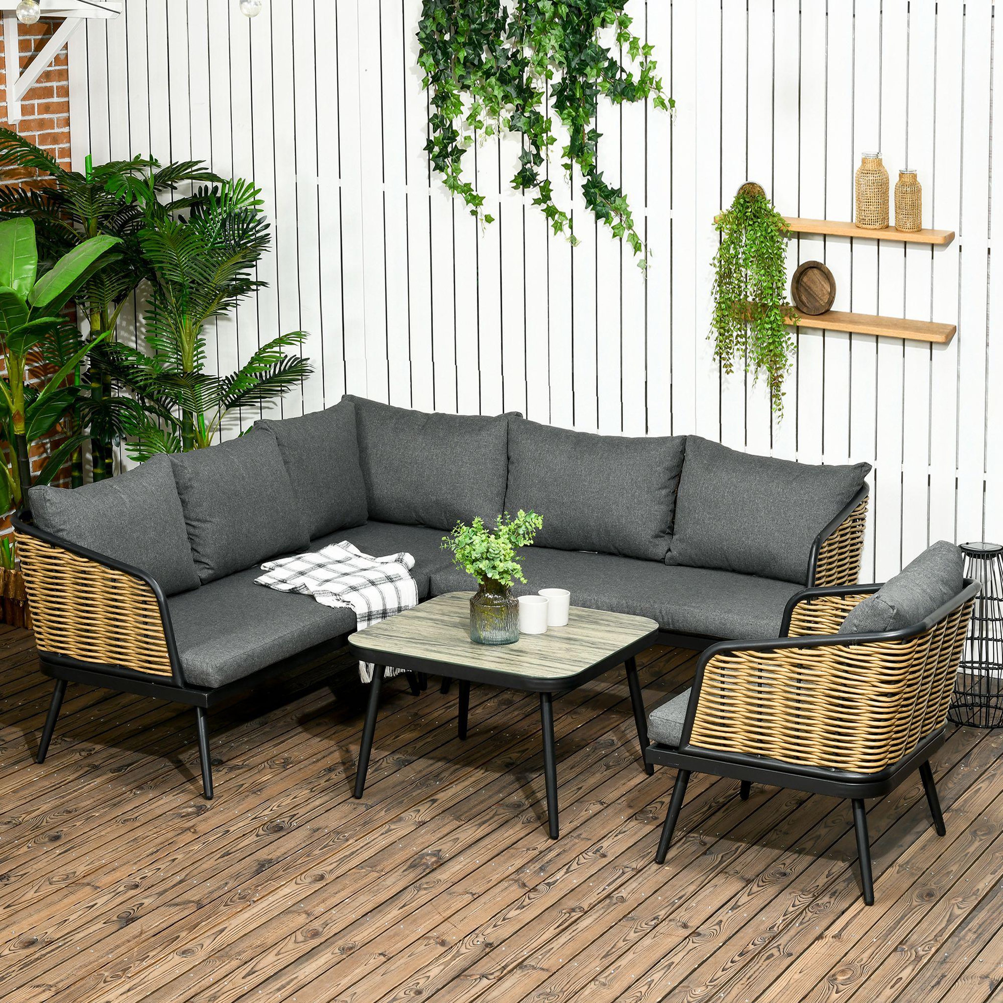 Voir la diapositive 2 : OUTSUNNY Ensemble salon de jardin d'angle style colonial 6 places 5 pièces coussins gris alu. noir résine tressée aspect rotin