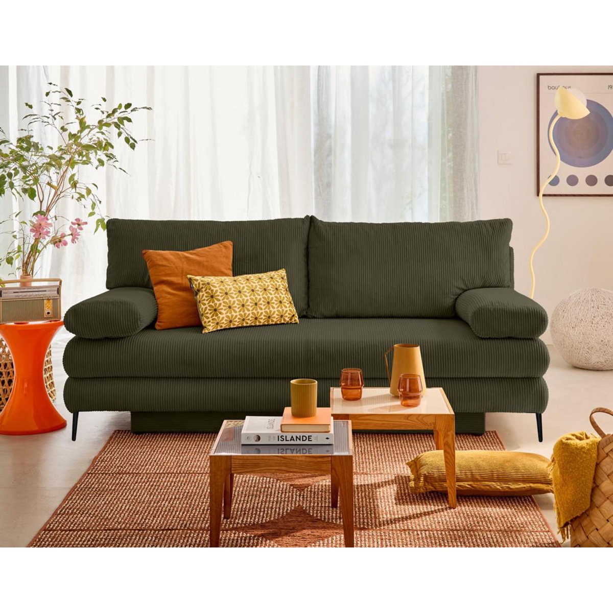 BEST MOBILIER Elton - canapé 3 places convertible avec coffre en velours côtelé