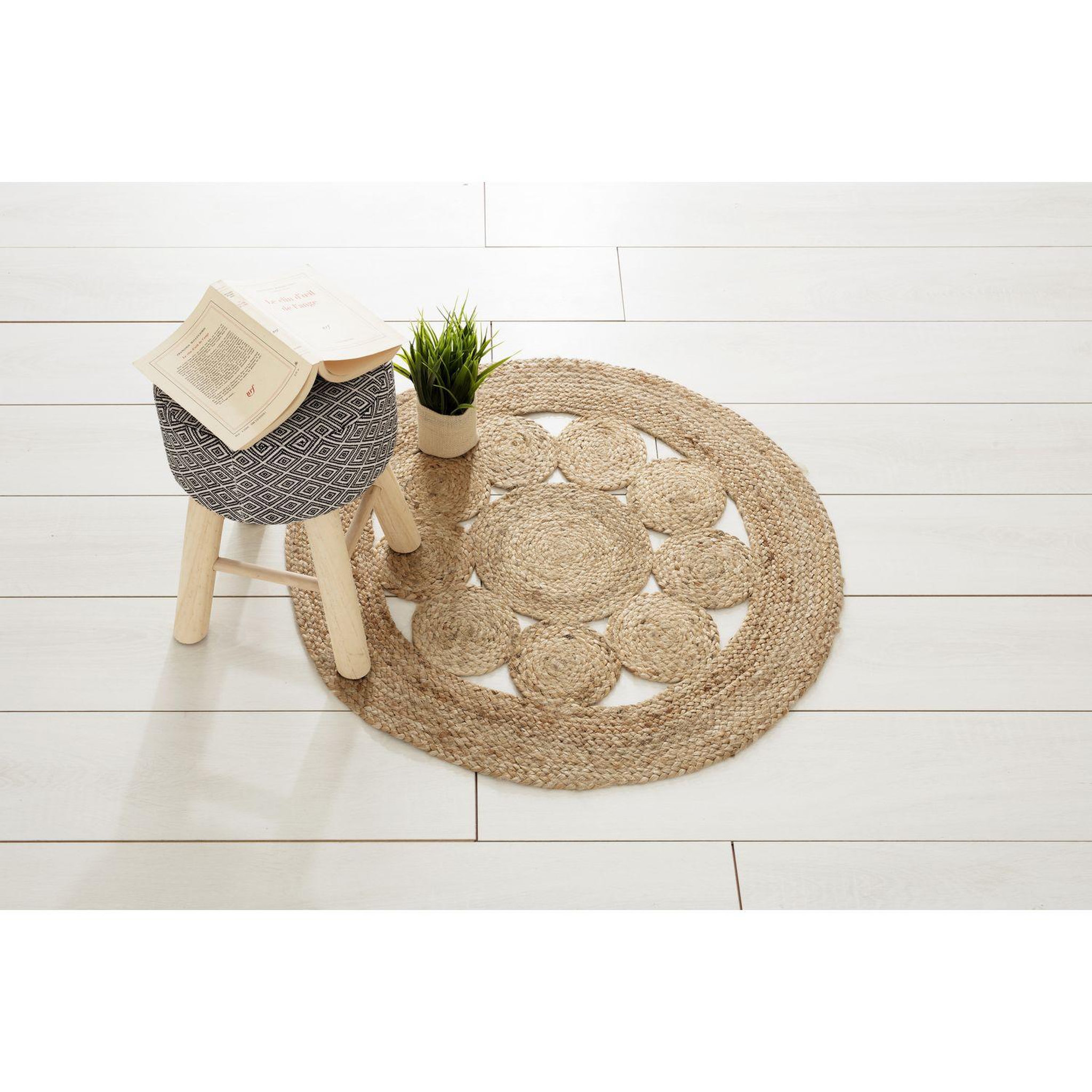 Voir la diapositive 2 : ATMOSPHERA Tapis ajouré en jute Esra Diam. 80cm - Beige