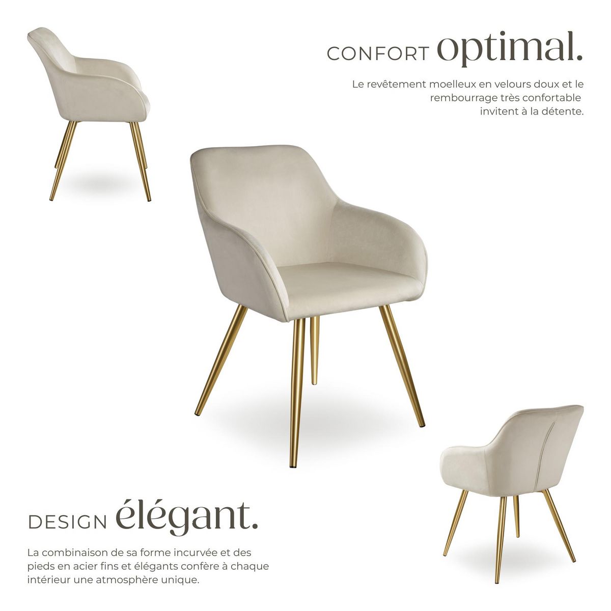 tectake Chaise rembourrée aspect velours crème/or
