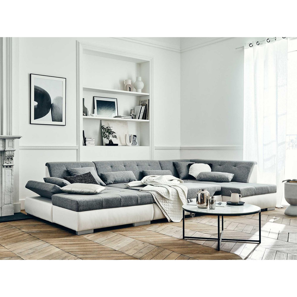 LISA DESIGN Vermont - canapé panoramique d'angle droit - 7 places - convertible - en simili et tissu