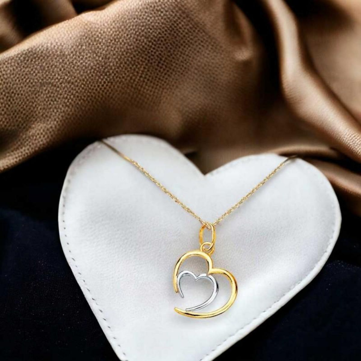 L'ATELIER D'AZUR Collier - Pendentif Or 18 Carats 750/000 Bicolore - Coeur Double - Chaine Dorée