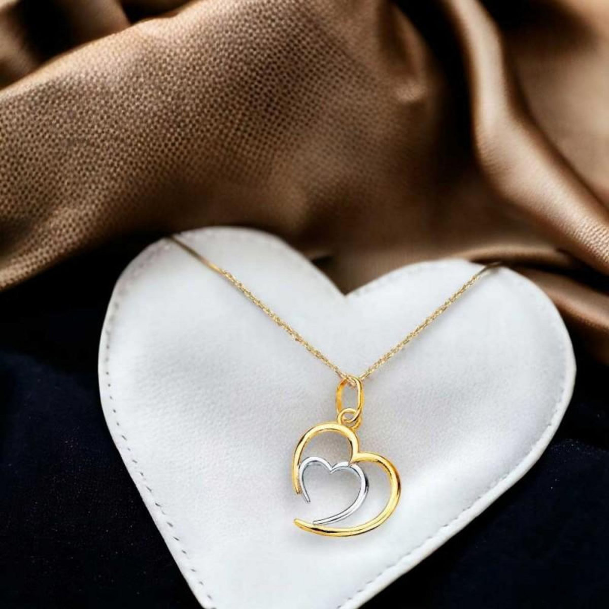 L'ATELIER D'AZUR Collier - Pendentif Or 18 Carats 750/000 Bicolore - Coeur Double - Chaine Dorée