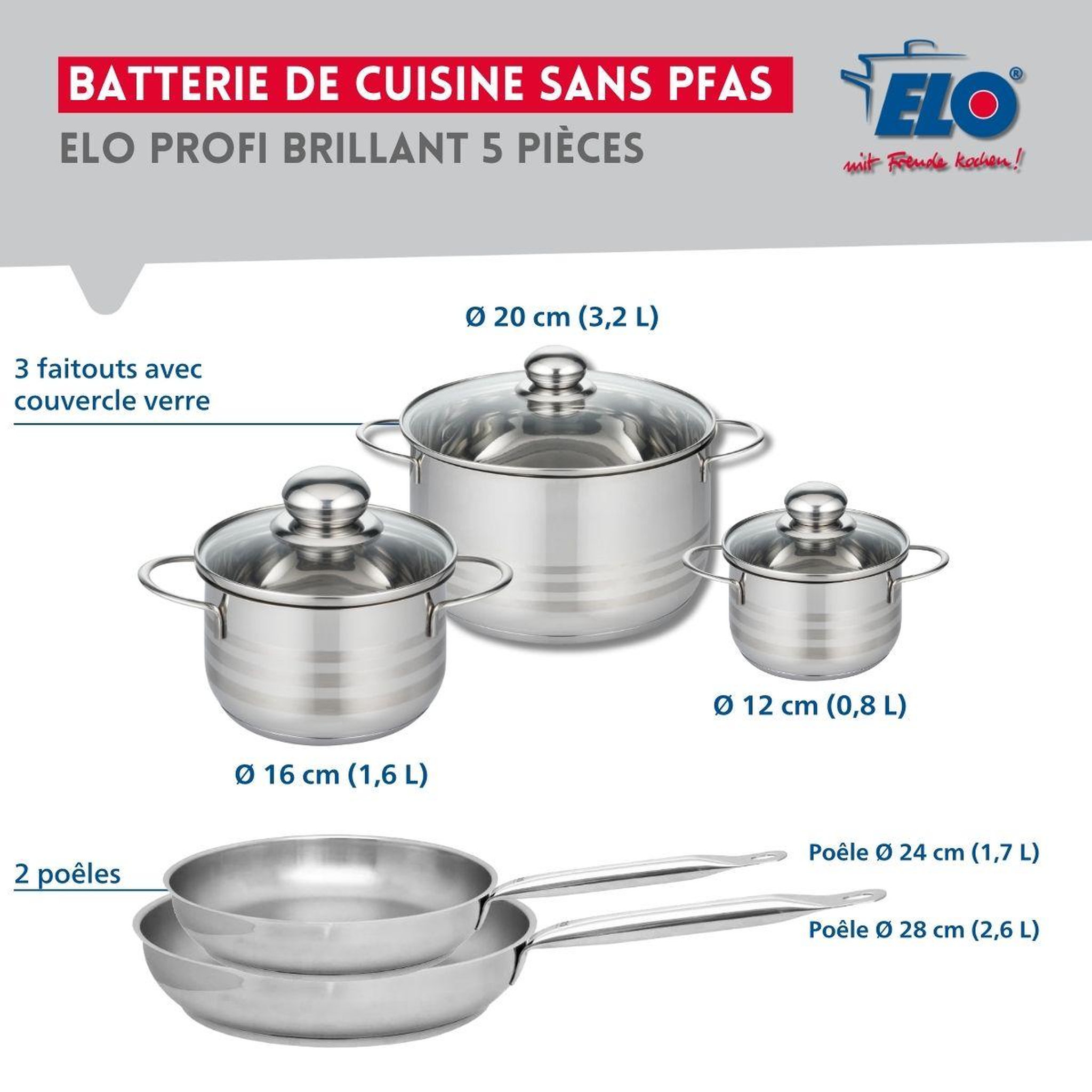 Voir la diapositive 2 : ELO Ensemble de 2 poêles de cuisson 24 et 28 cm et 3 faitouts 12, 16 et 20 cm elo profi brillant