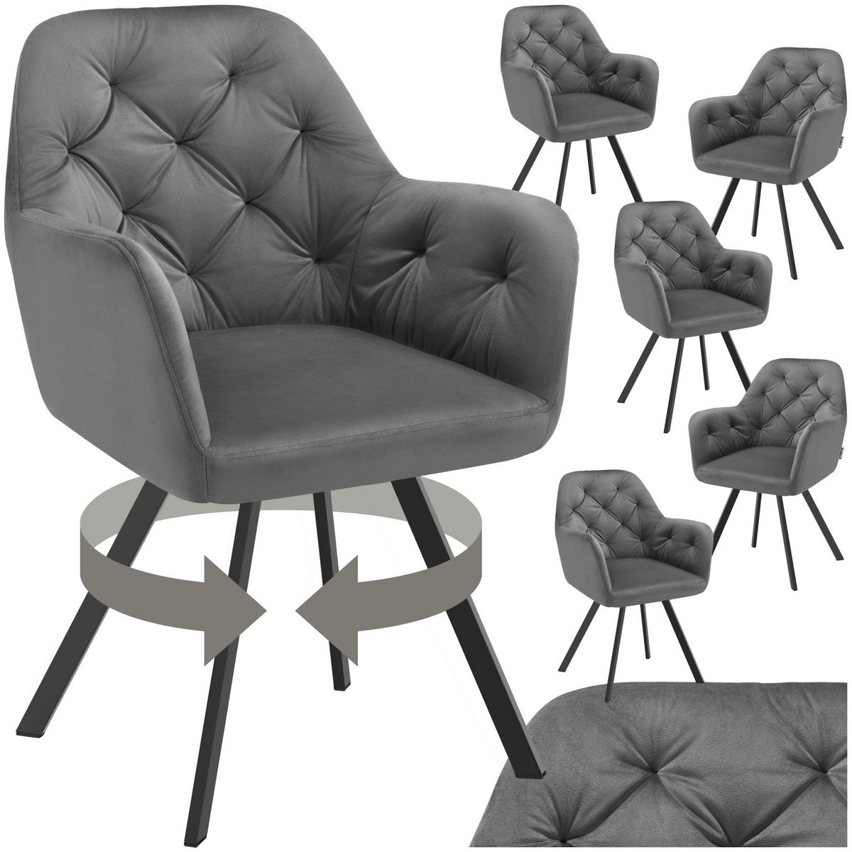 tectake Fauteuil pivotant en velours avec accoudoirs rembourré avec motif matelassé gris anthracite Lot de 6
