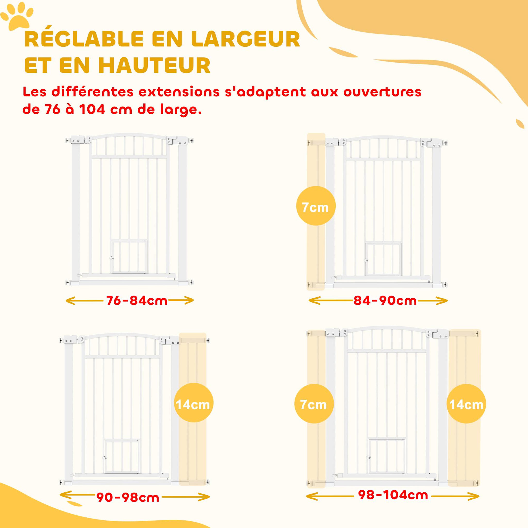 Voir la diapositive 4 : PAWHUT Barrière de sécurité pour chien - barrière à pression ajustable - 2 portes verrouillables - acier blanc