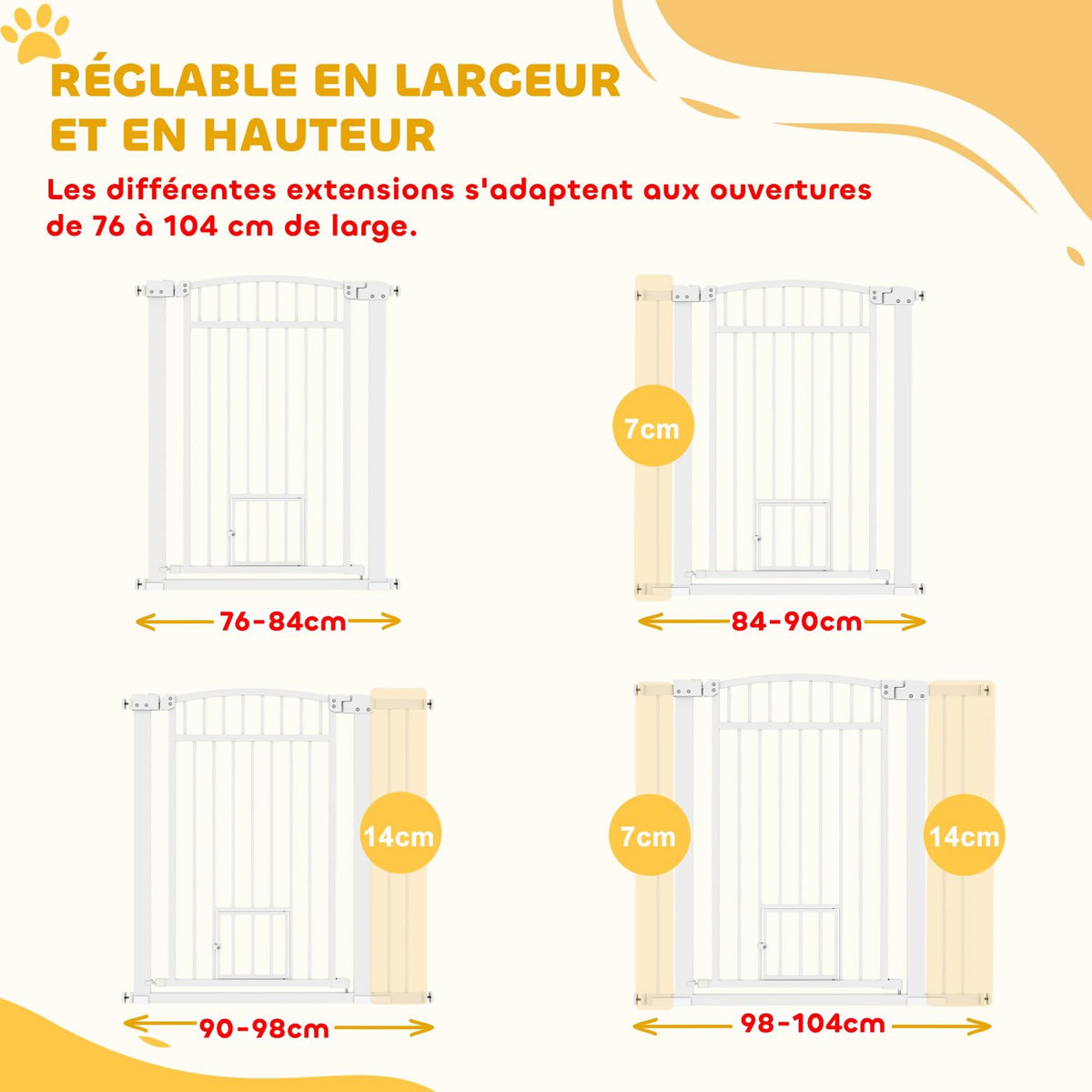 PAWHUT Barrière de sécurité pour chien - barrière à pression ajustable - 2 portes verrouillables - acier blanc