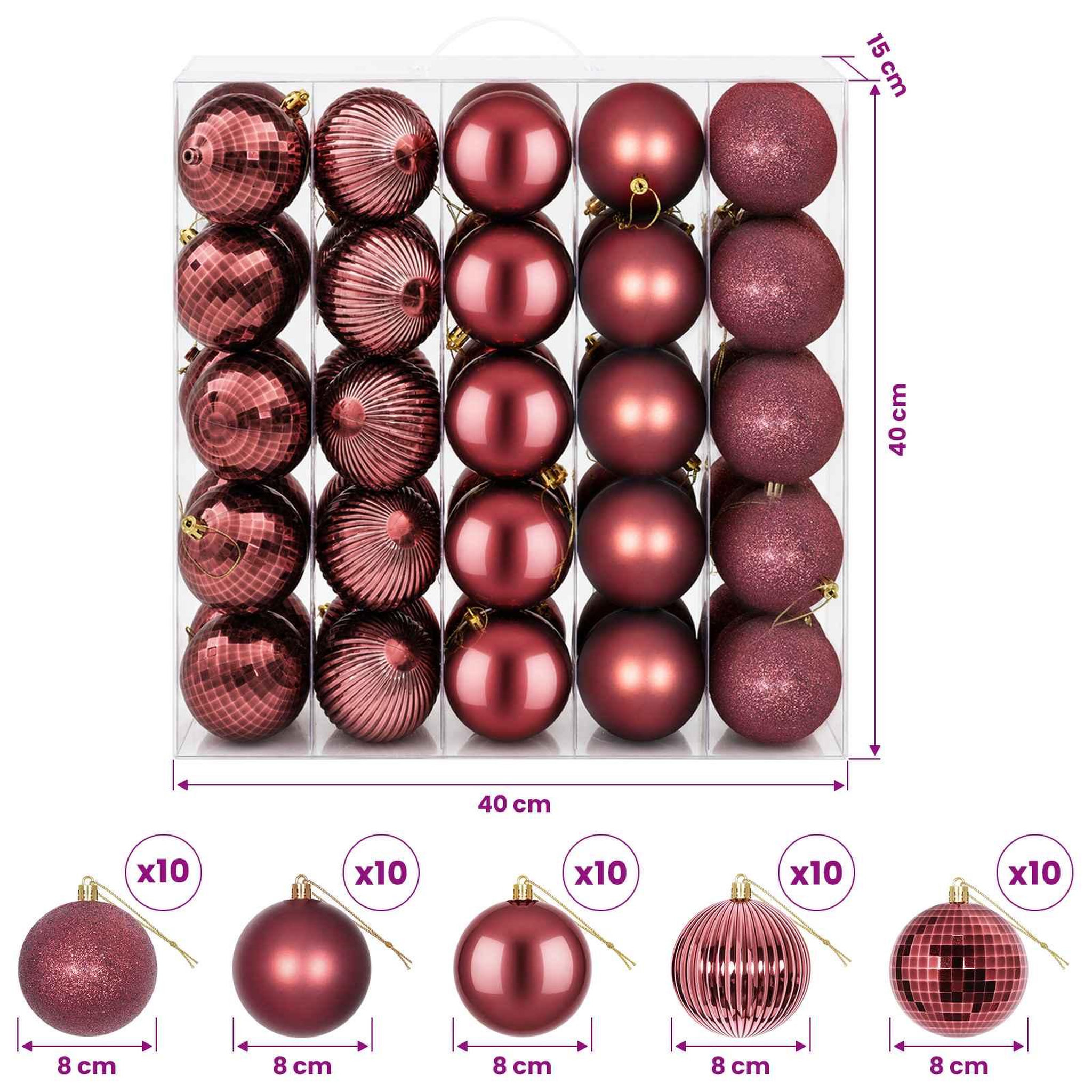 Voir la diapositive 3 : VIDAXL Ensemble de boules de Noël 50 pc Bordeaux Diam. 8 cm