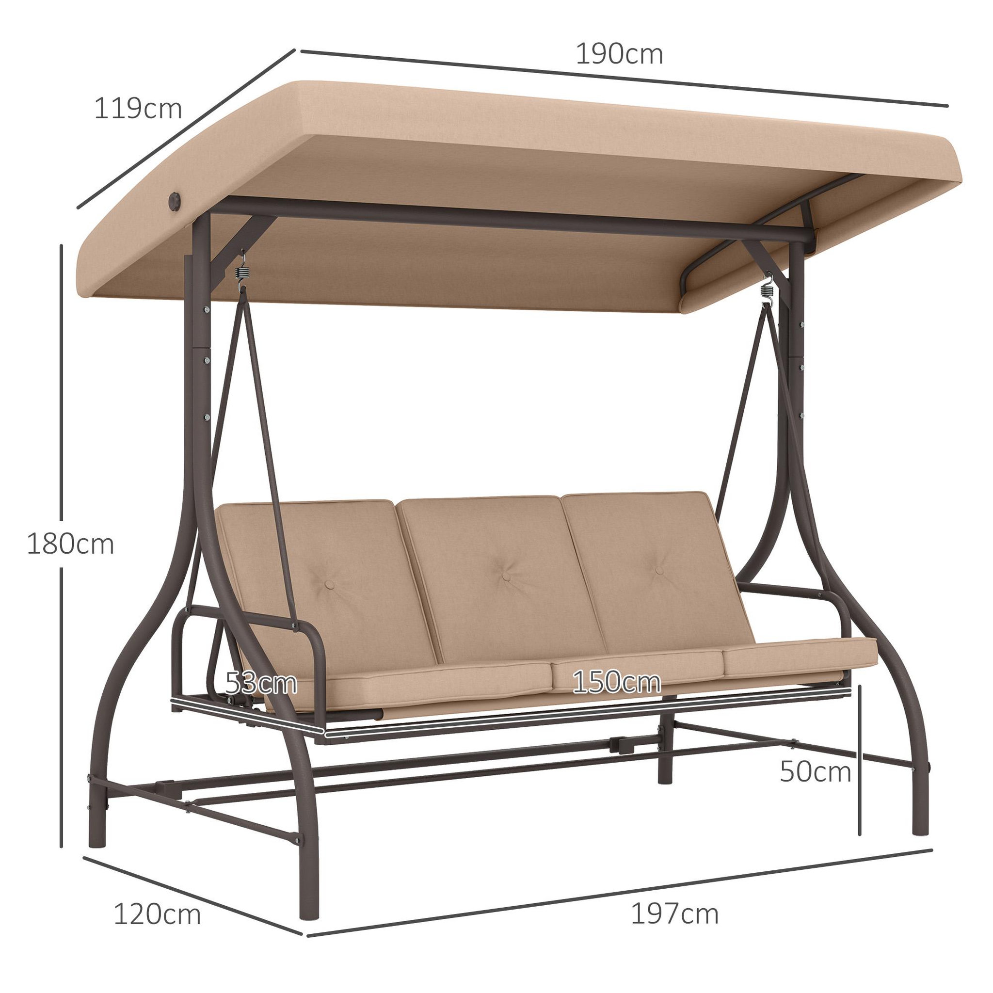 Voir la diapositive 3 : OUTSUNNY Balancelle de jardin convertible 3 places avec coussins métal polyester kaki