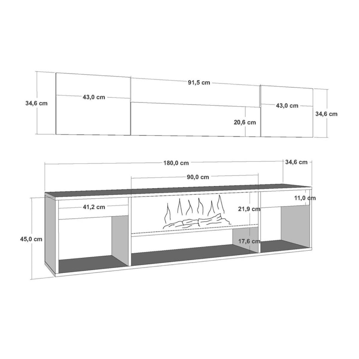 CONCEPT USINE Meuble TV avec cheminée LED 180cm aspect bois PYRO