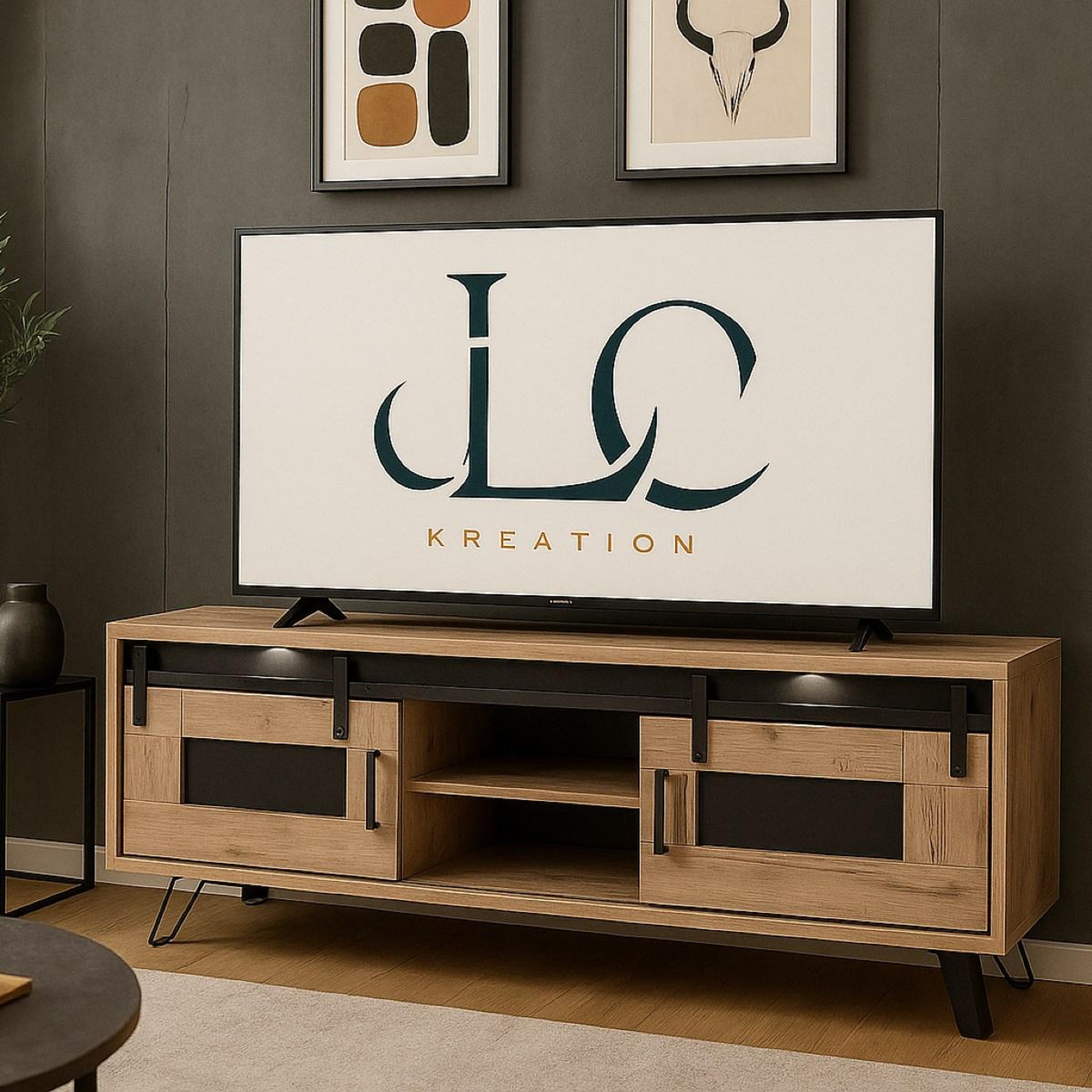 Voir la diapositive 2 : JLC KREATION Meuble tv industriel décor chêne + led 2 portes 180cm costa