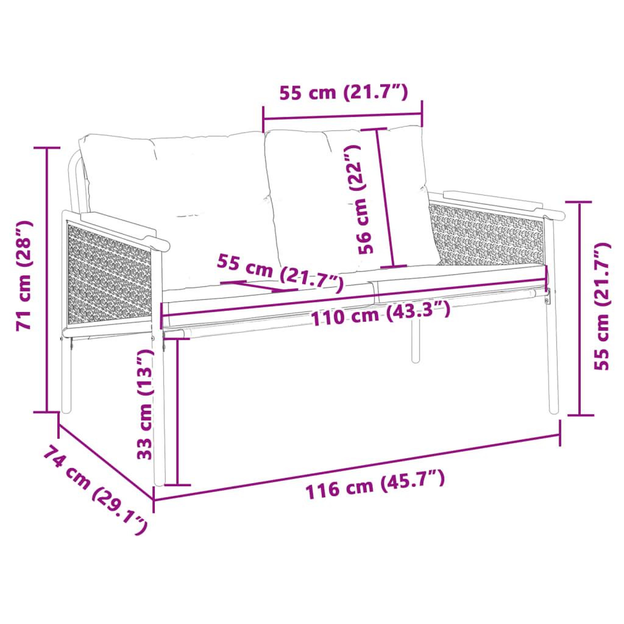 Voir la diapositive 6 : VIDAXL Banc de jardin avec coussins 116 cm noir acier