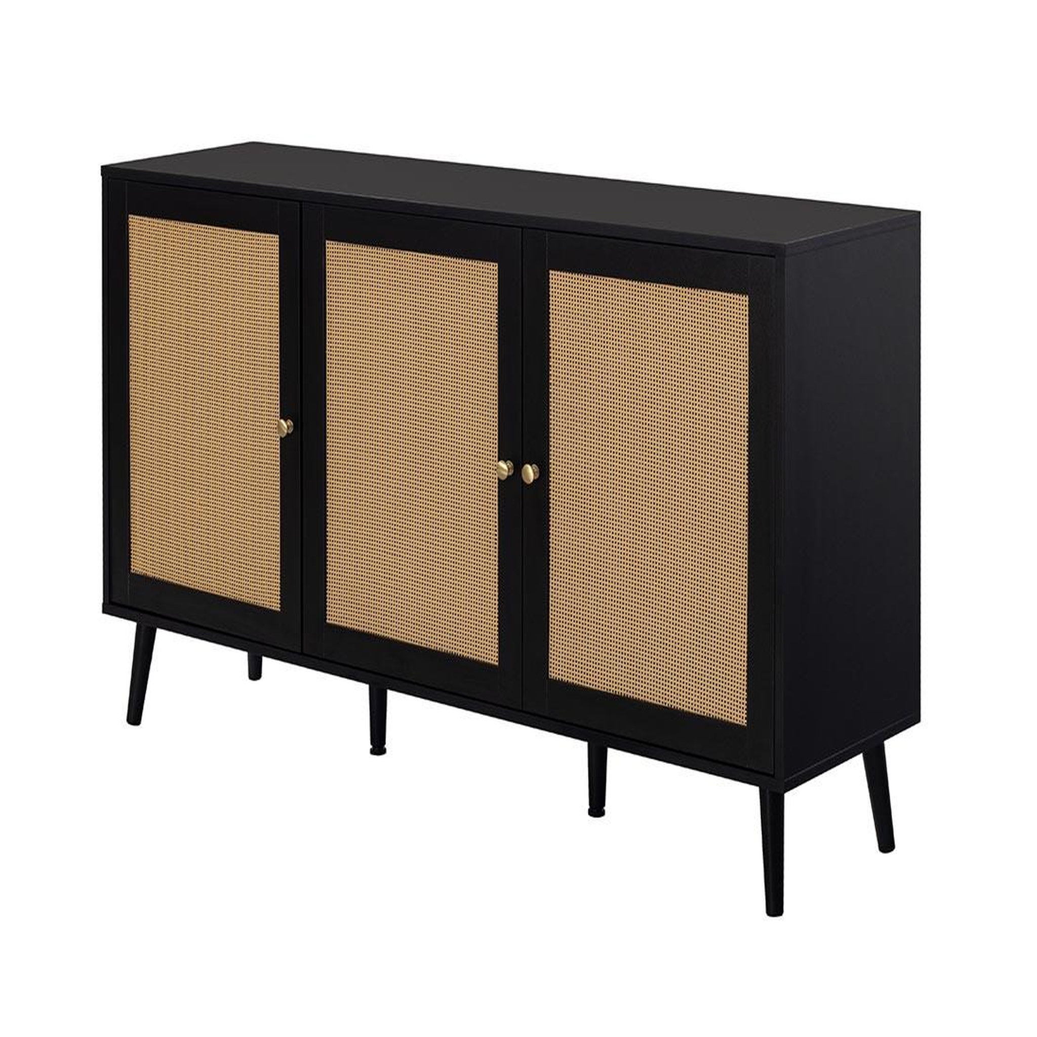 Voir la diapositive 4 : BEST MOBILIER Goto - buffet bas - noir et cannage - 3 portes - 140 cm