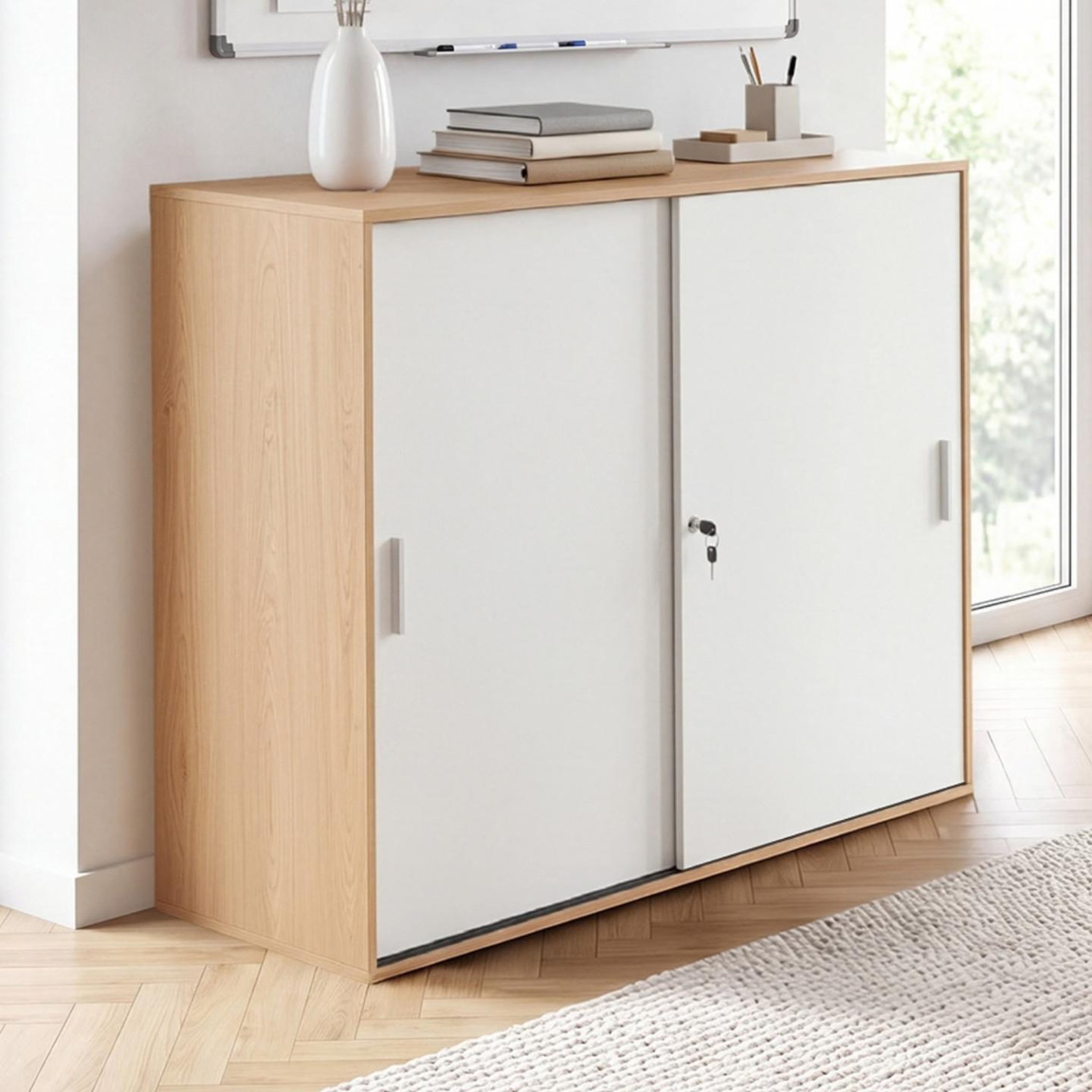 Voir la diapositive 2 : ID MARKET Armoire basse de bureau 2 portes coulissantes verrouillables MARIA façon hêtre et blanc